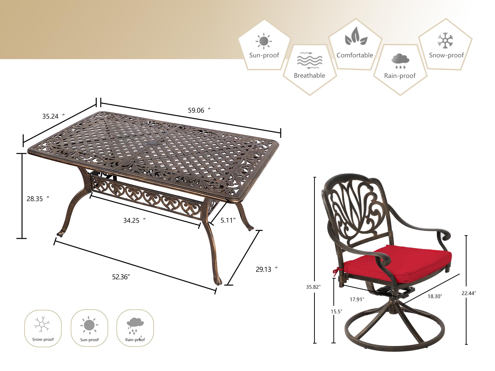 **Grepatio 7-Piece Patio Dining Set - Outdoor Cast Aluminum Furniture with 4 Chairs, 2 Swivel Chairs & Umbrella Hole Table - Includes 6 Cushions (Red) - Perfect for Backyard, Garden, Poolside & Outdoor Entertaining**
