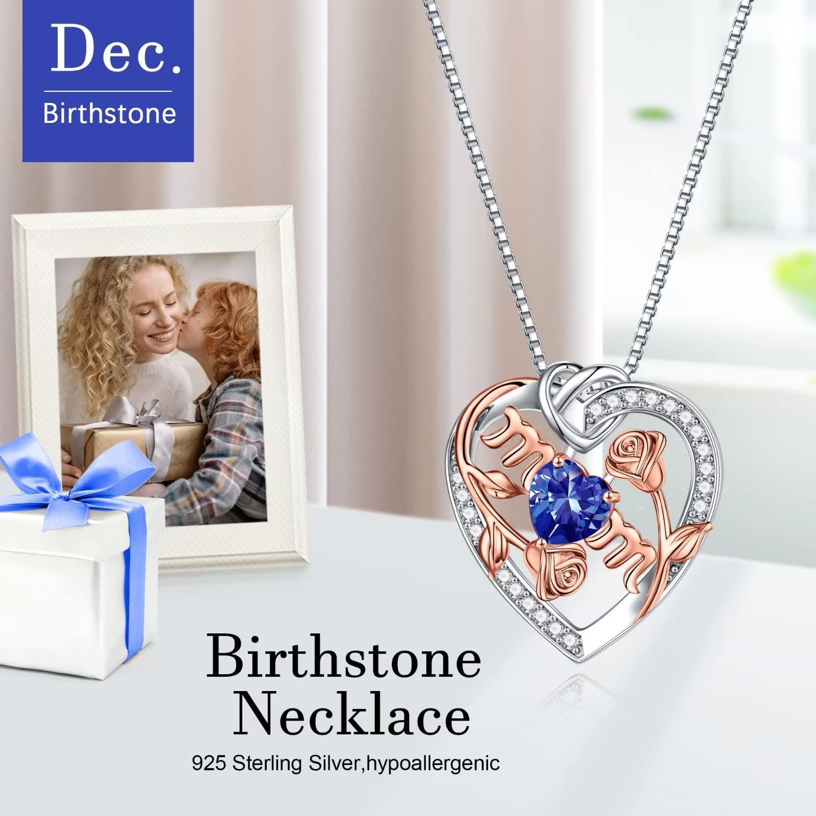 Rose Birthstone Necklace for Mom - S925 Sterling Silver Heart Pendant with Birthstone, Mothers Day Jewelry Gift, Valentines Day Present, Birthday Keepsake - Perfect for Special Occasions & Everyday Wear