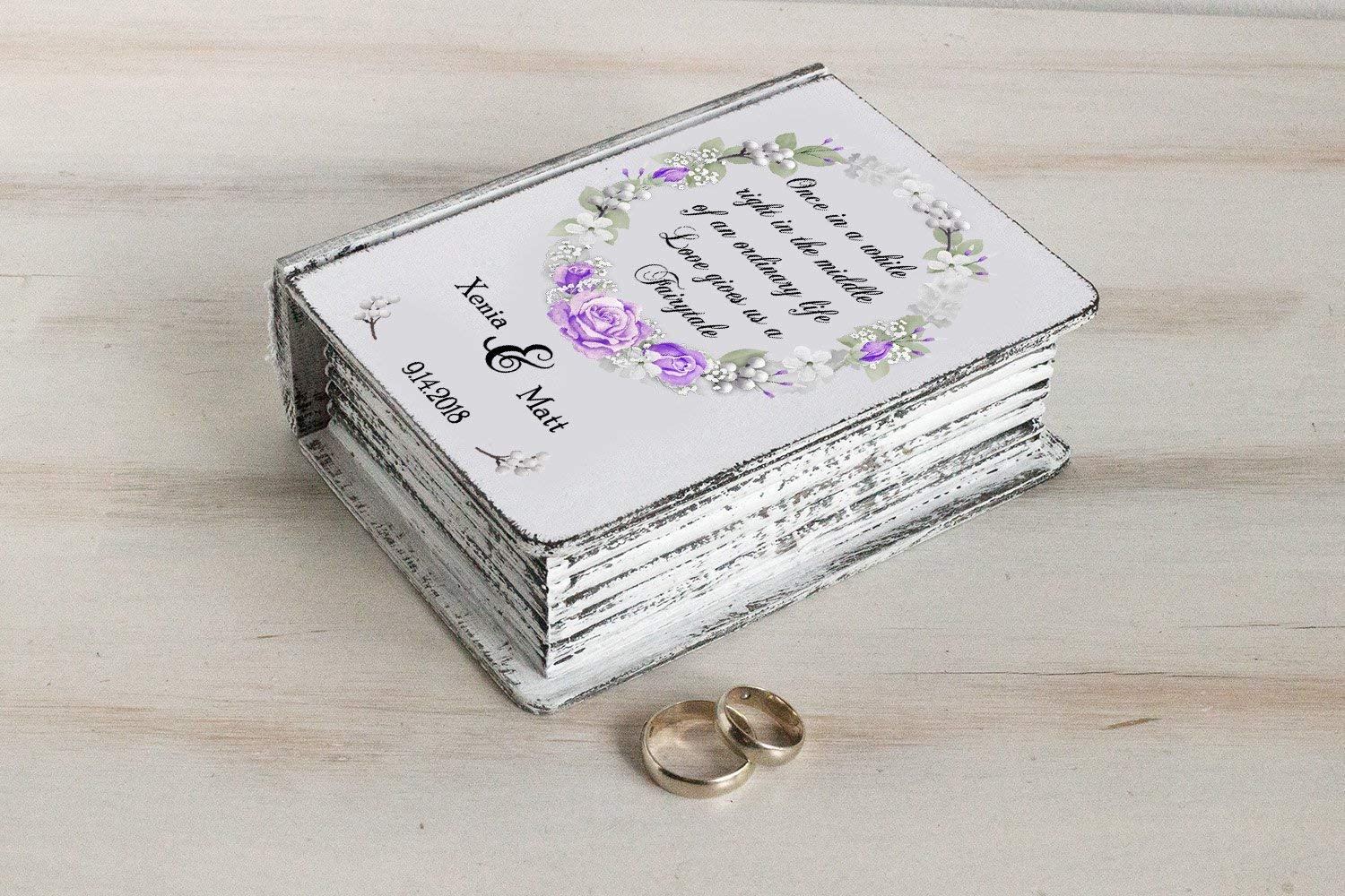 Personalized Rustic Wedding Ring Box - Custom Engraved Wooden Ring Bearer Box with Purple Roses Wreath for Summer Weddings & Engagement Ceremonies | Elegant Flower Ring Holder for Bridal Jewelry Display