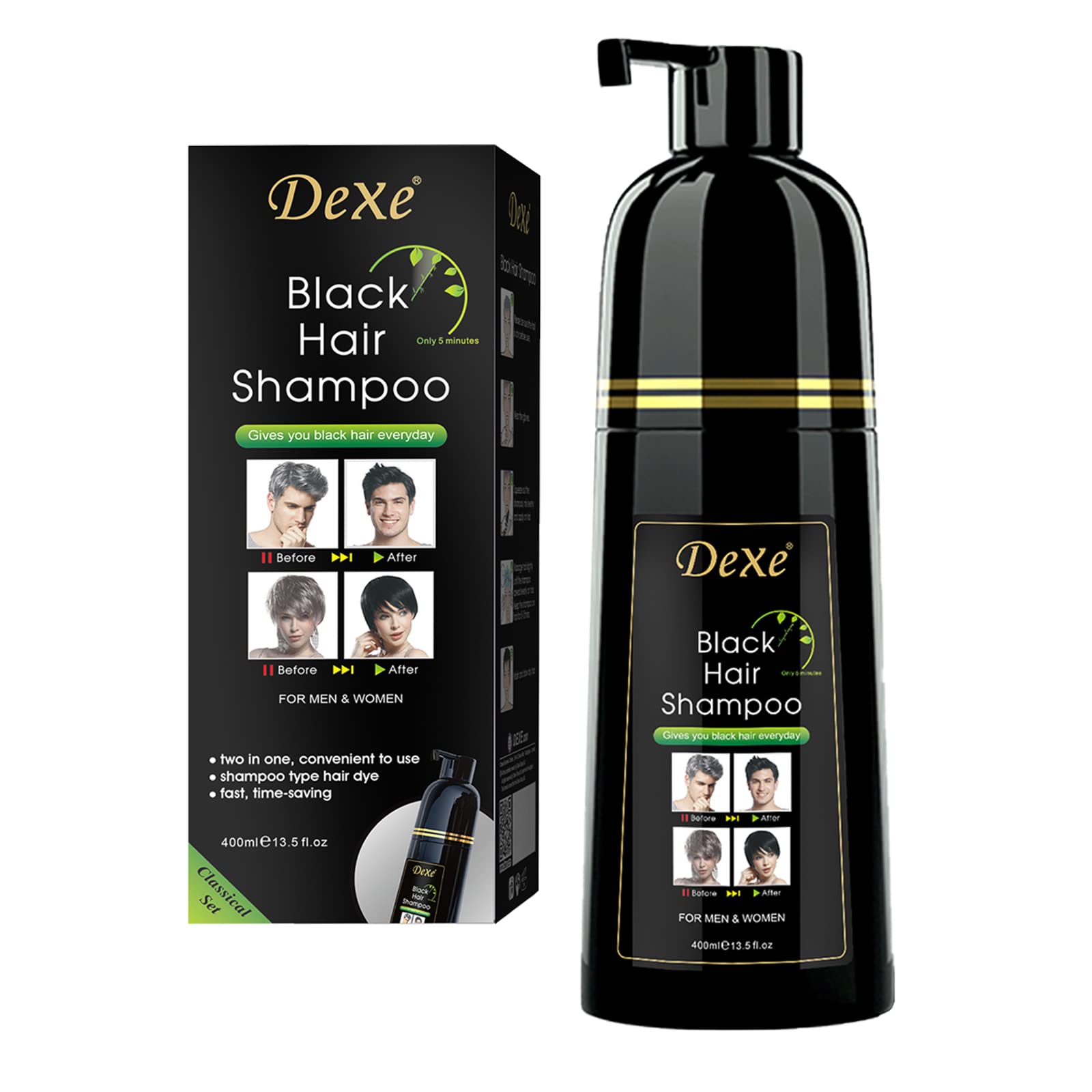 DEXE Black Hair Dye Shampoo for Gray Hair - Semi-Permanent Hair Color for Women & Men | Ammonia-Free, Herbal Formula | Fast-Acting, Lasts 30 Days | Easy to Use at Home (14 Fl Oz) - Perfect for Covering Roots & Touch-Ups Between Salon Visits
