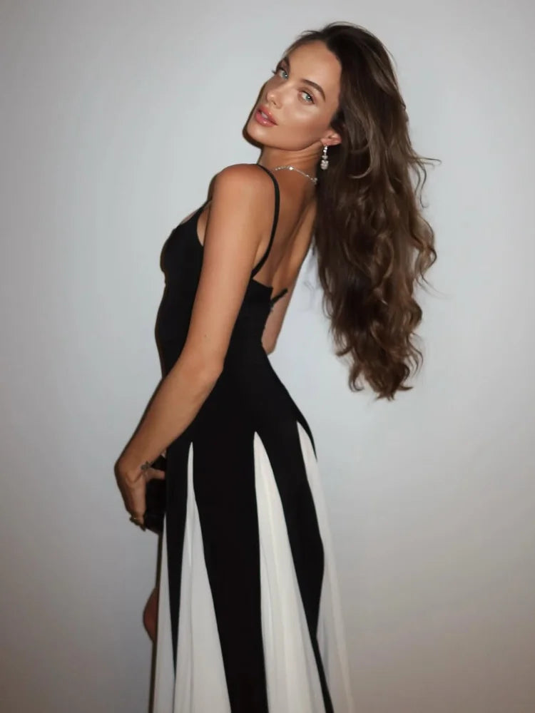 Elegant Women's Contrast U-Neck Sleeveless Backless Maxi Dress with High Slit - A-Line Summer Dress for Beach, Party & Evening Wear 2025