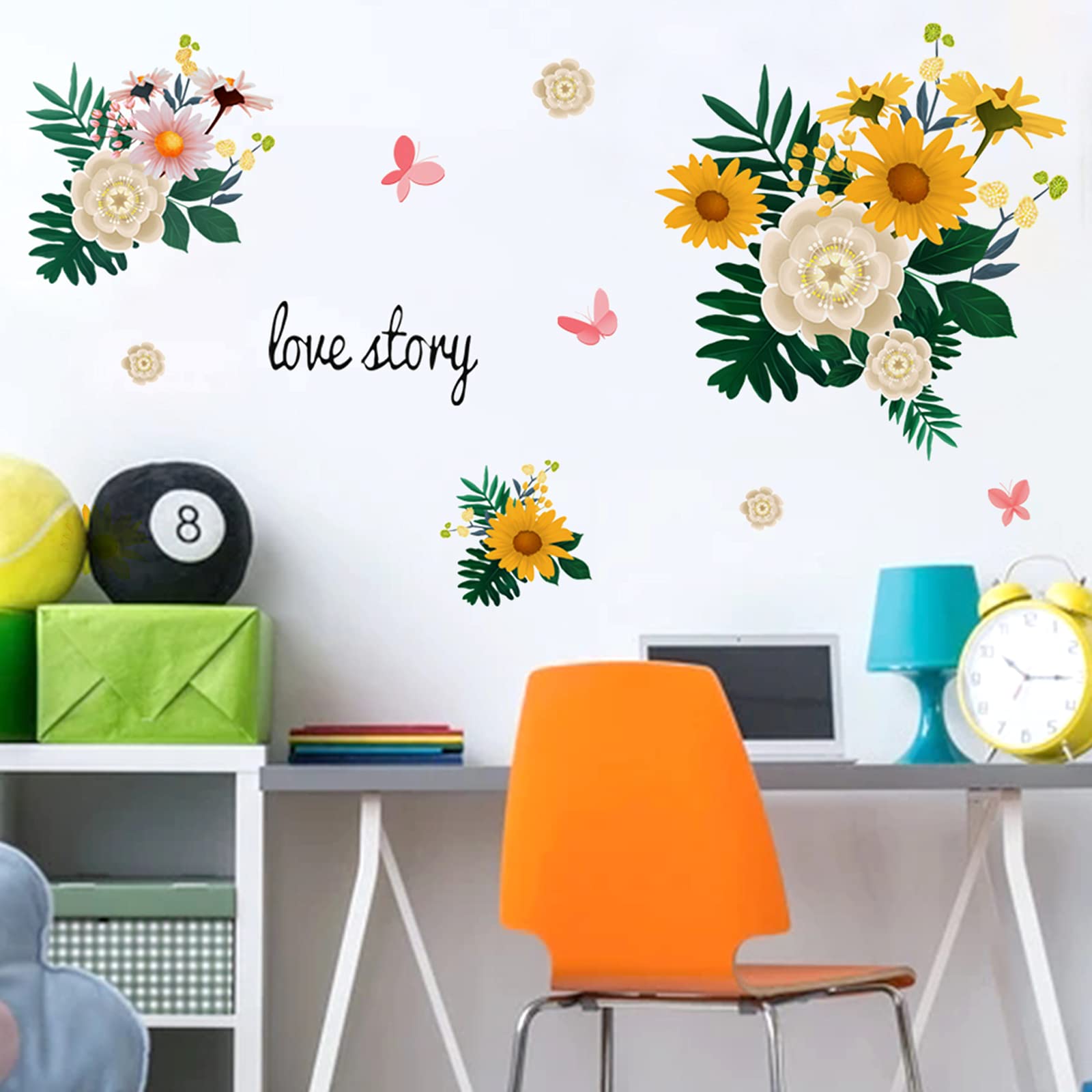 Yellow Daisy Floral Wall Decals with Butterflies & Green Leaves - Removable DIY Wall Stickers for Home Decor | Perfect for Bedroom, Nursery & TV Wall Art | Easy Peel-and-Stick Wallpaper Alternative