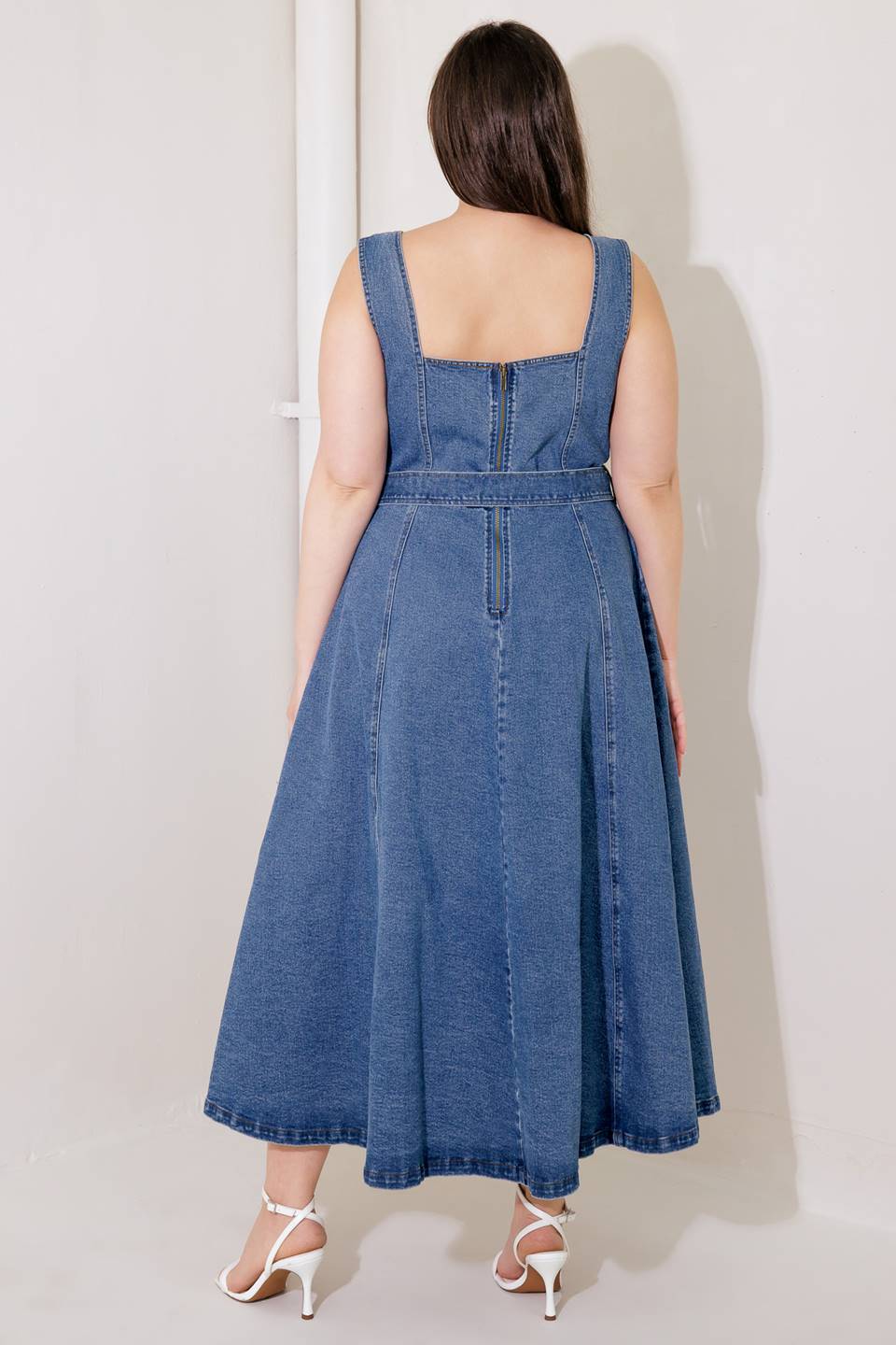 FRIDAY FEELS Sweetheart Denim Midi Dress - Women's Vintage Inspired Blue Jean Dress for Date Night & Casual Outings