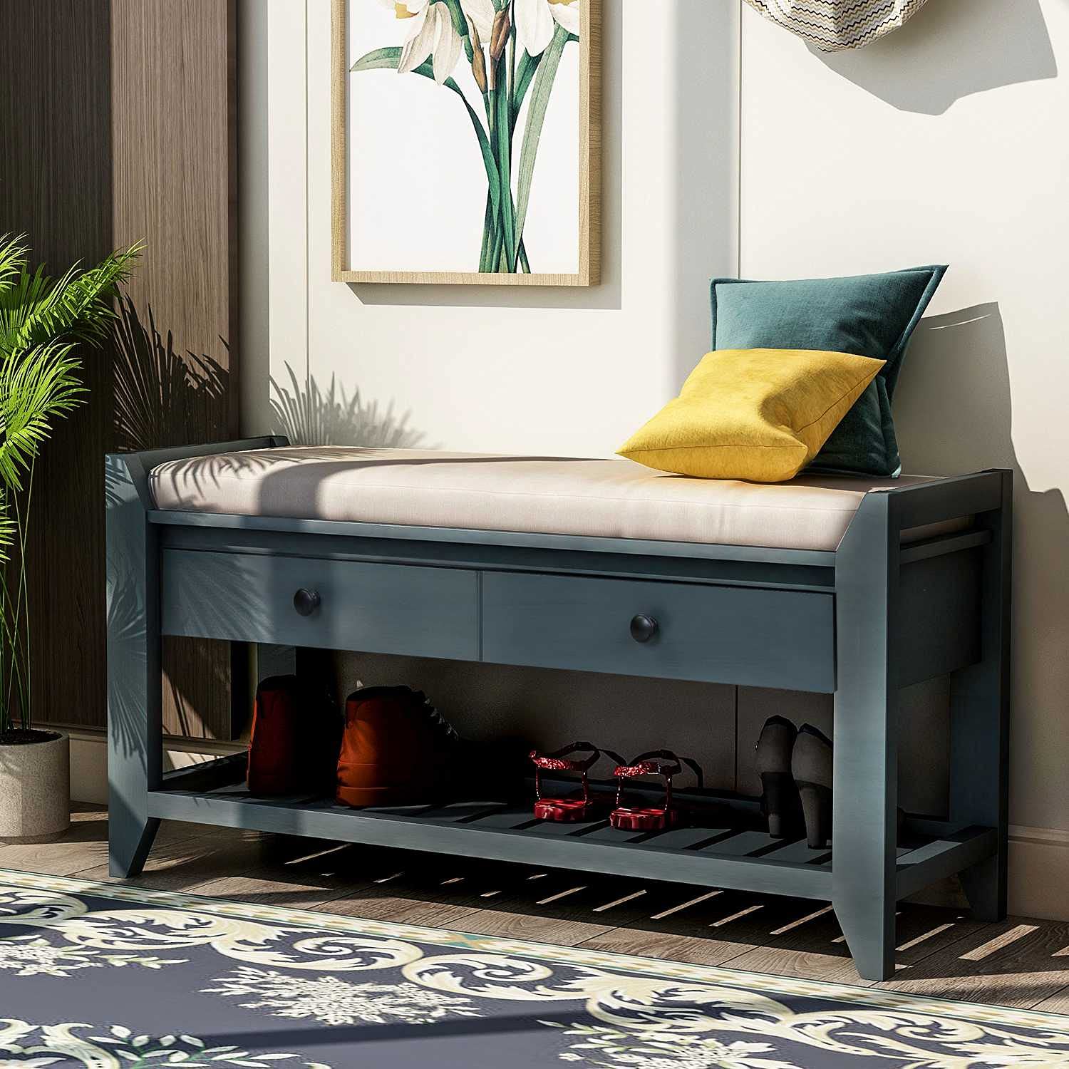 Multipurpose Storage Bench with Cushioned Seat & Drawers - Shoe Rack, Entryway Organizer for Hallway, Bedroom & Living Room | Durable Home Furniture