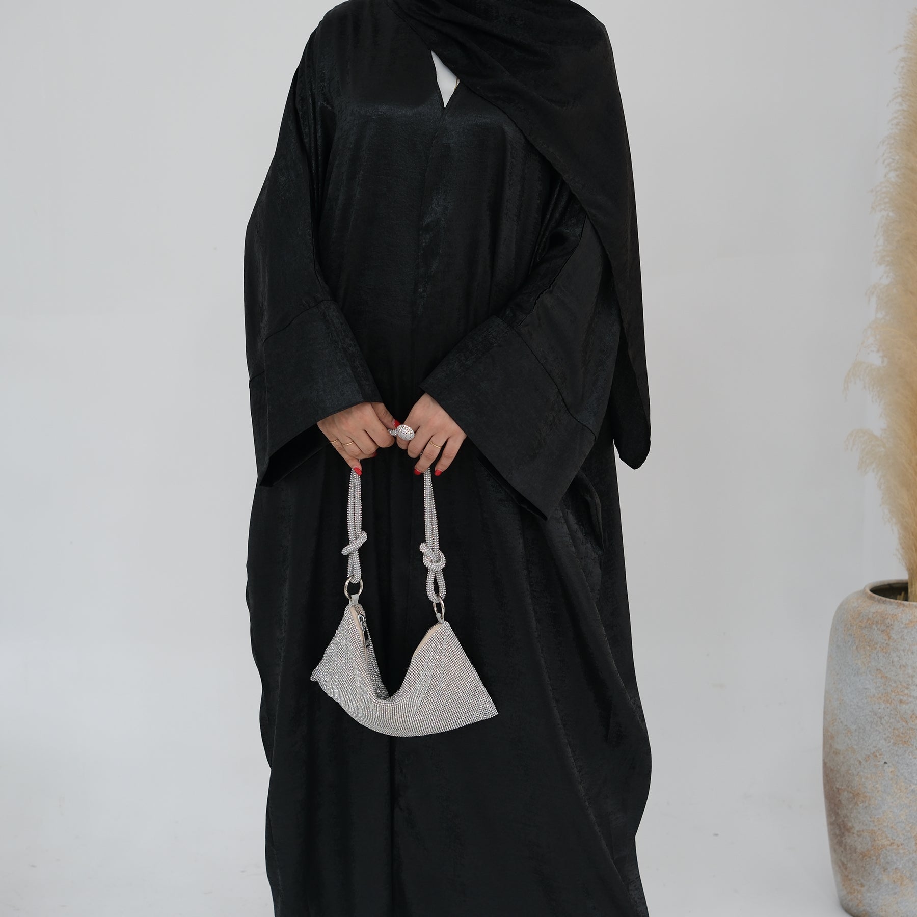 Draya Shimmer Kimono Open Abaya - Elegant Black Muslim Dress for Women | Perfect for Prayer, Evening Wear, and Special Occasions