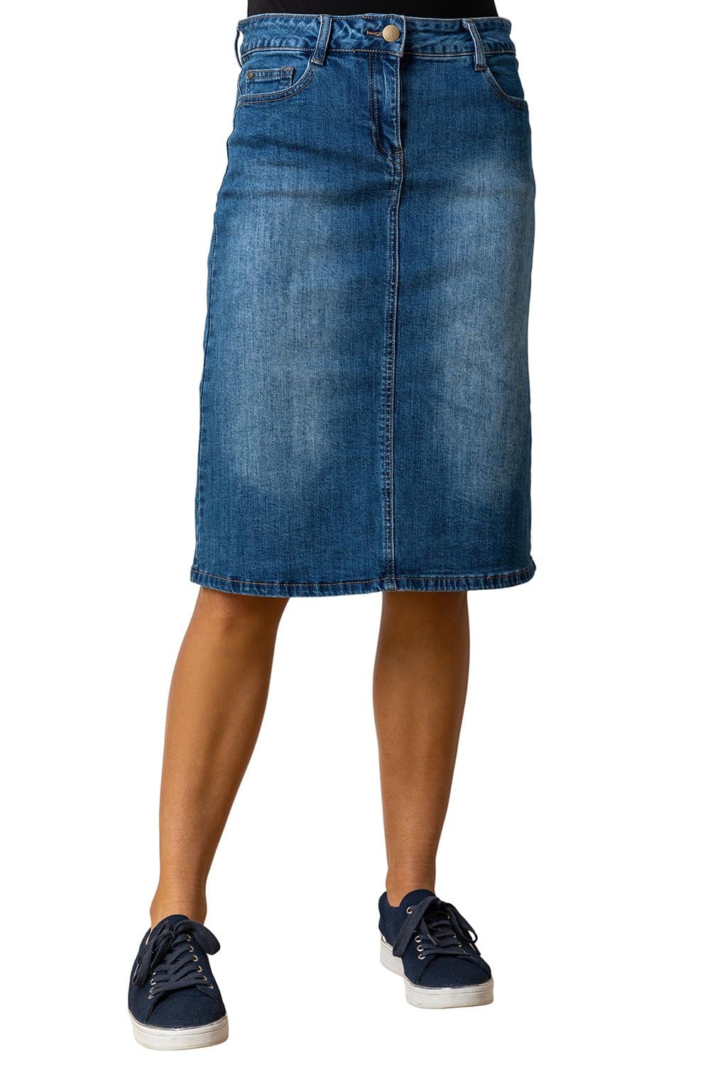Roman Originals Women's Denim Skirt with Pockets - Stretch Cotton Mid Wash A-Line Knee Length Jean Skirt for Casual, Office & Smart Wear | Flattering Slim Fit for Work, Date Night & Weekend Outings