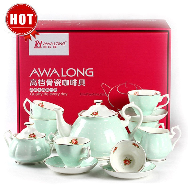 Elegant Light Green Dotted Bone China Tea Set - 16-Piece Porcelain Tea Service for Afternoon Tea, Bridal Shower & Home Decor