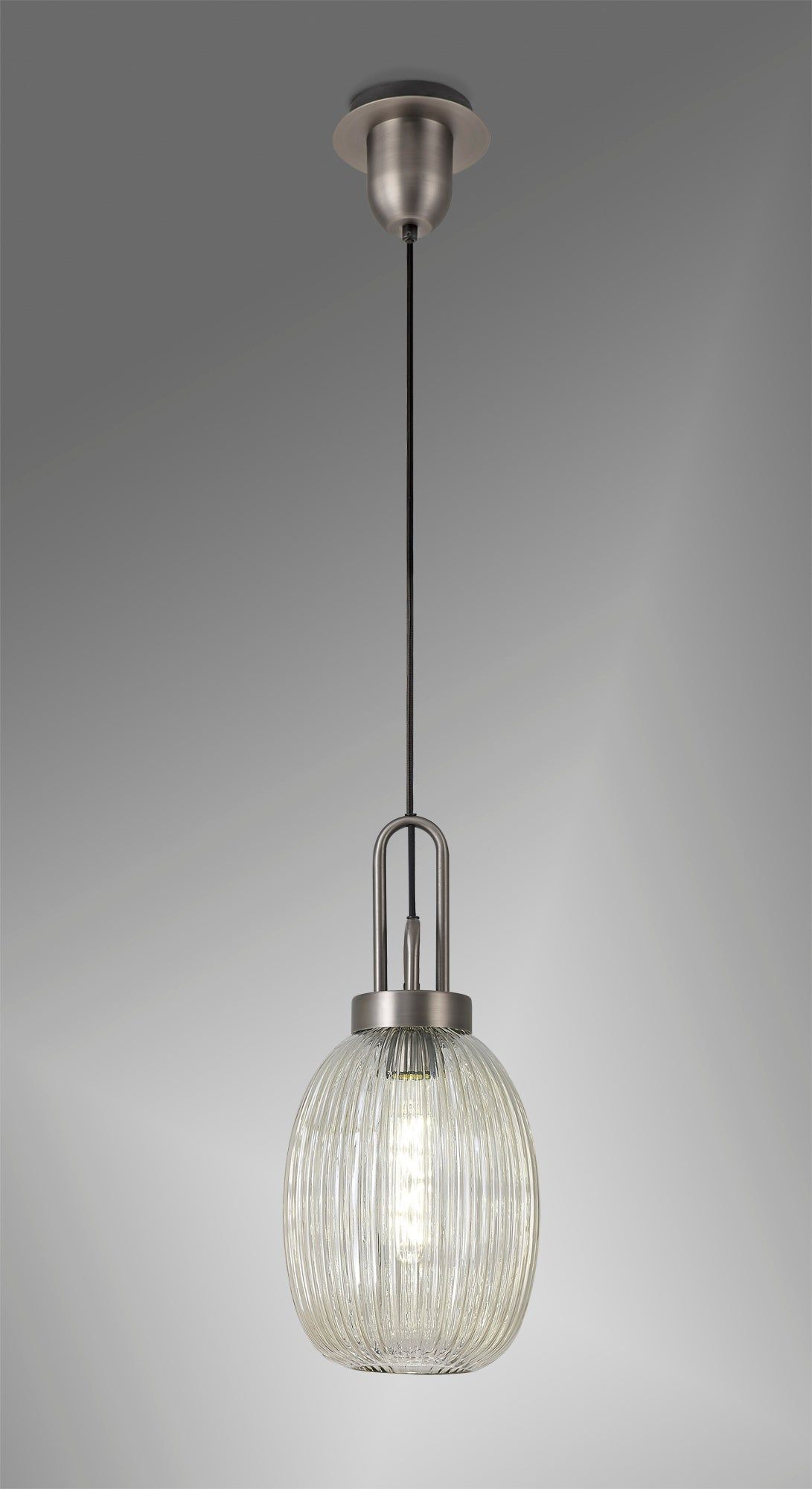 Cadiz 1-Light Pendant Light Fixture with 20cm Almond Ribbed Glass Shade, E27 Socket, IP20 Rated - Perfect for Kitchen Island, Dining Room, or Bedroom Lighting