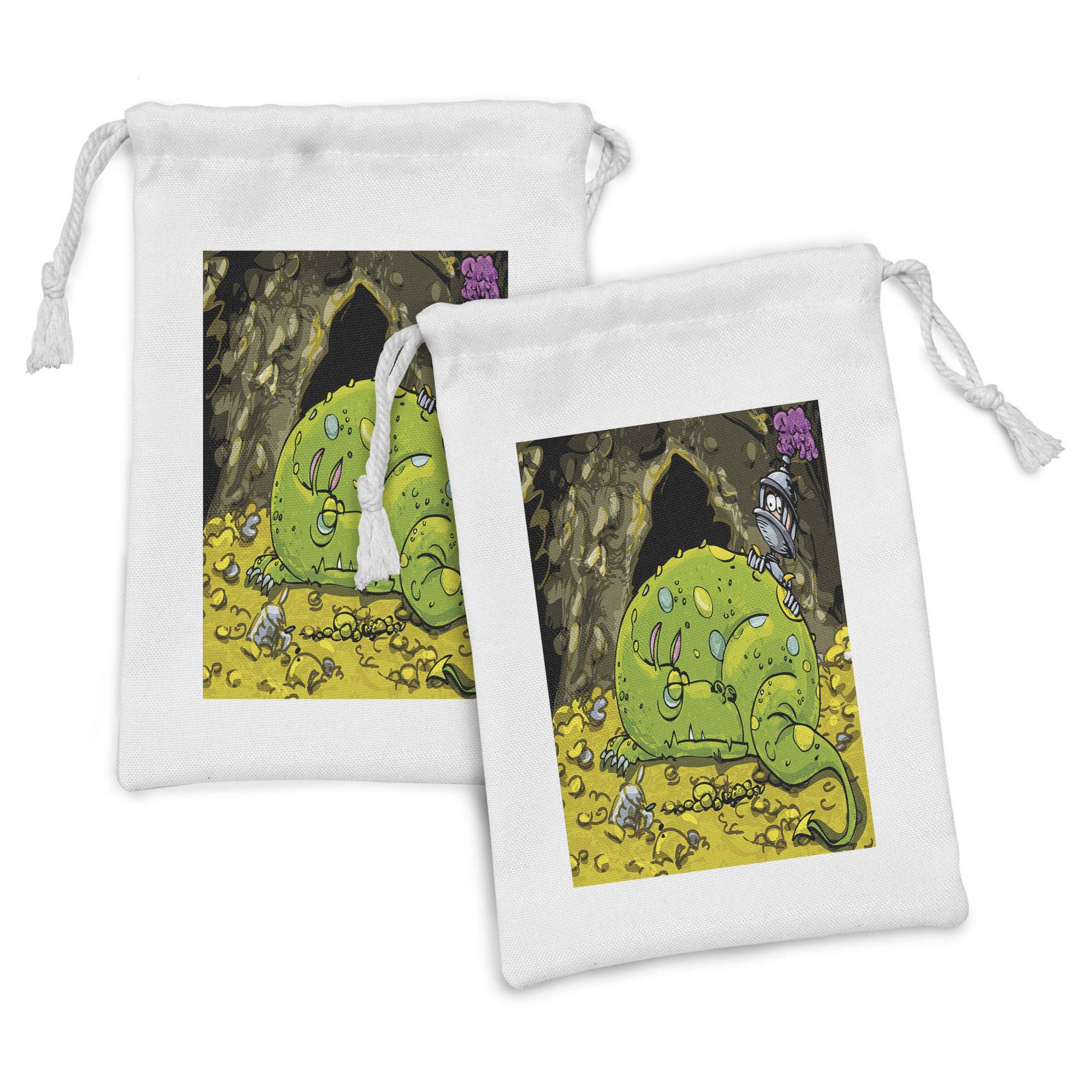 Ambesonne Dragon Fabric Pouch Set of 2 - Fantasy Creature Sleeping on Gold & Knight Cartoon Design | Small Drawstring Bags for Toiletries, Travel Accessories, Party Favors & Cosmetics (9