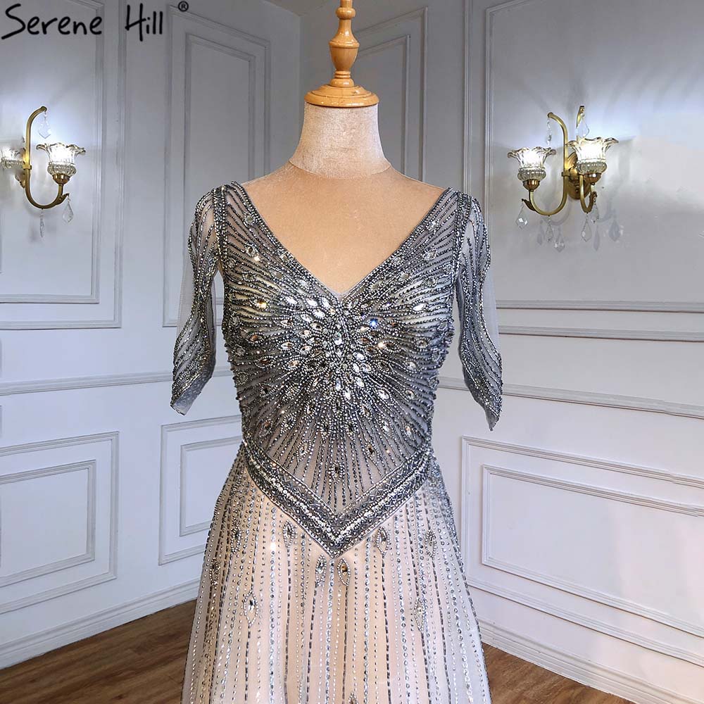 Serene Hill Grey Luxury A-Line Evening Gowns for Women 2025 | Short Sleeve Beaded Lace-Up Party Dress LA71379 | Perfect for Weddings, Galas & Formal Events
