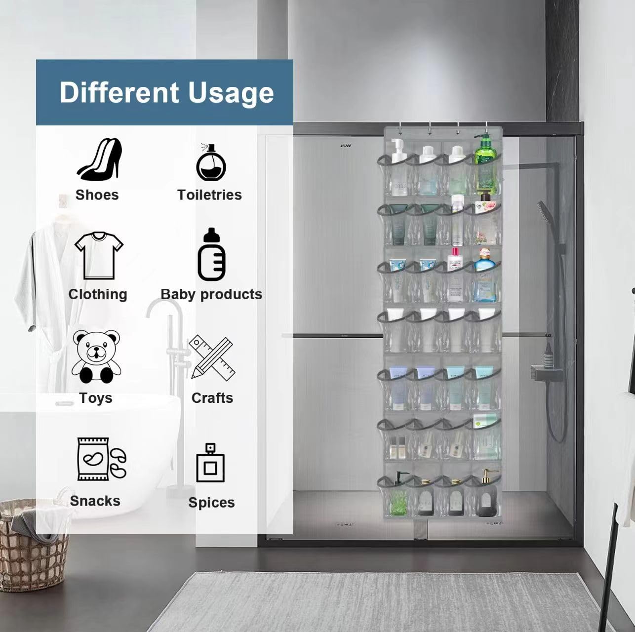 28-Pocket Over The Door Shoe Organizer - Hanging Mesh Shoe Rack with Clear Crystal Gray Design (65