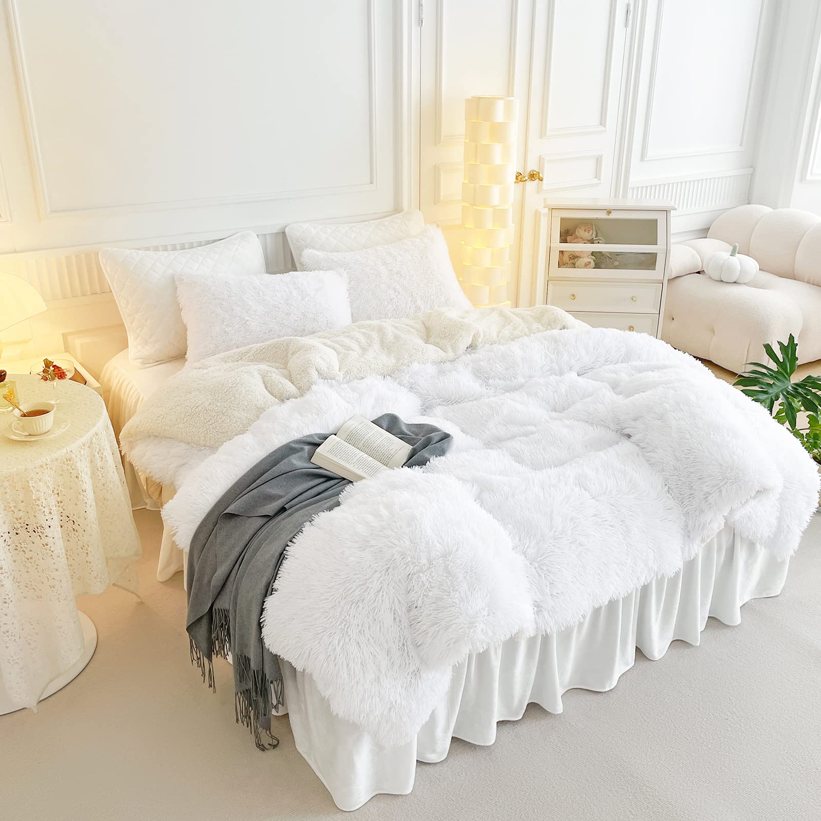 UOZZI BEDDING Faux Fur Comforter Set Queen 3-Piece - Ultra Soft Shaggy Comforter with 2 Pillowcases - Luxury Plush Winter Duvet Cover - Easy Care & Machine Washable - Perfect for Cold Weather & Cozy Bedroom Decor (Pure White, Twin Size)