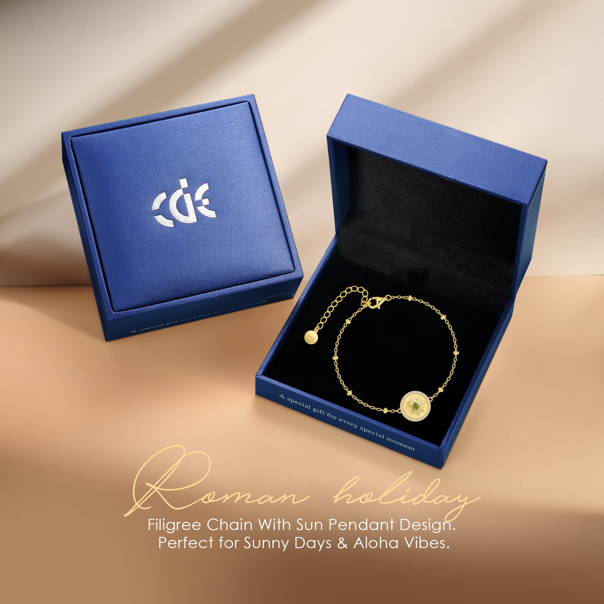 925 Sterling Silver Adjustable Sun Charm Bracelet for Women - 14K Gold Plated Link Bracelet | Birthday, Anniversary, Christmas Jewelry Gift for Her, Wife, Girlfriend, Daughter | Perfect for Beach Vacations, Summer Outfits & Boho Style Accessories