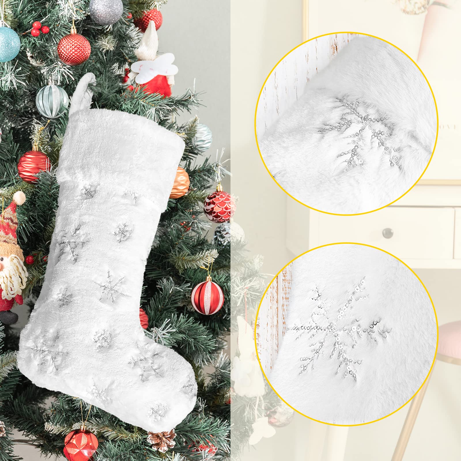 6 Pack Personalized Christmas Stockings with Names - 22 Inch Custom Embroidery Faux Fur Holiday Stockings (Gold/Silver Snowflake Designs) for Fireplace Mantel, Xmas Tree Decorations & Holiday Party Gifts