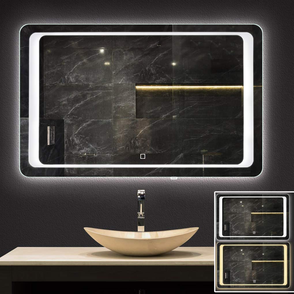Illuminated Bathroom Mirror with Anti-Fog - Modern Rectangle Wall Mounted Makeup Vanity Mirror with Adjustable White & Warm Light - Perfect for Shaving, Makeup Application, and Home Decor