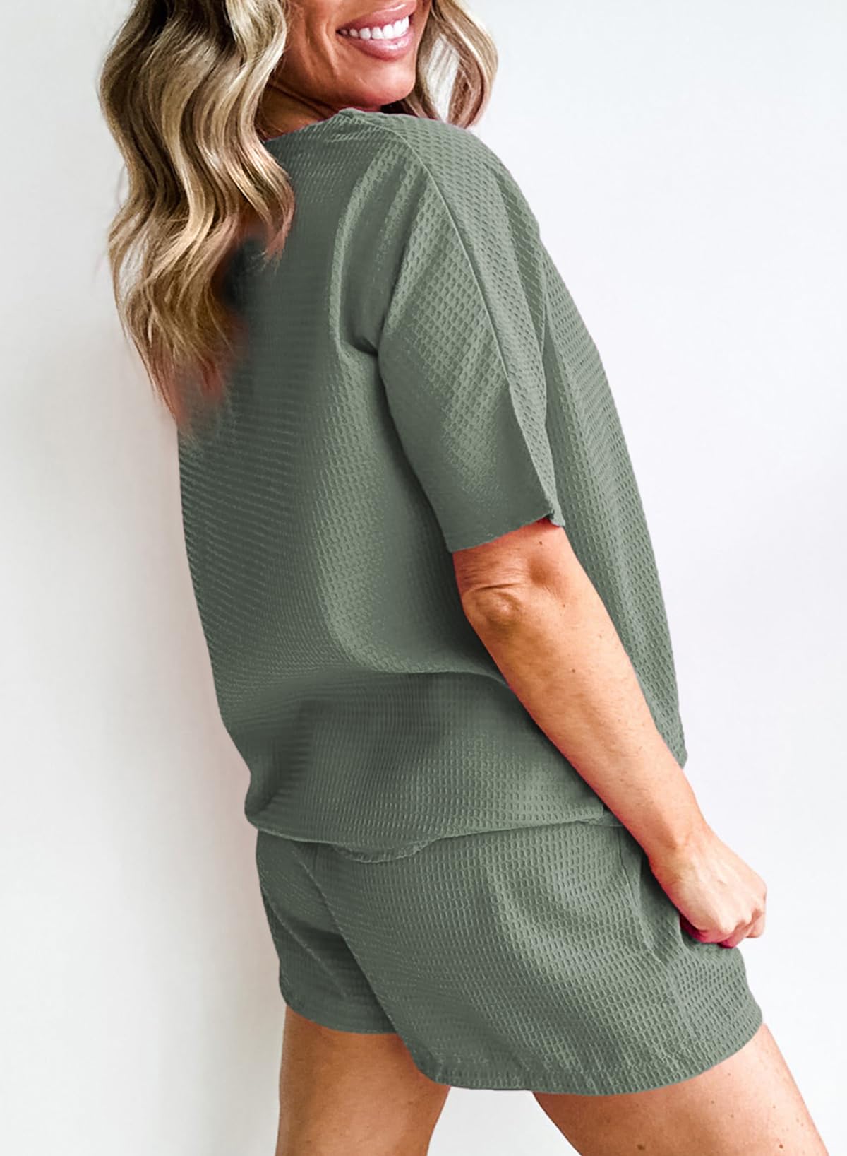 SHEWIN Women's Waffle Knit Pajama Set - 2 Piece Loungewear Outfit with Pockets | Soft & Cozy Sleepwear for Nighttime & Lounge Wear at Home