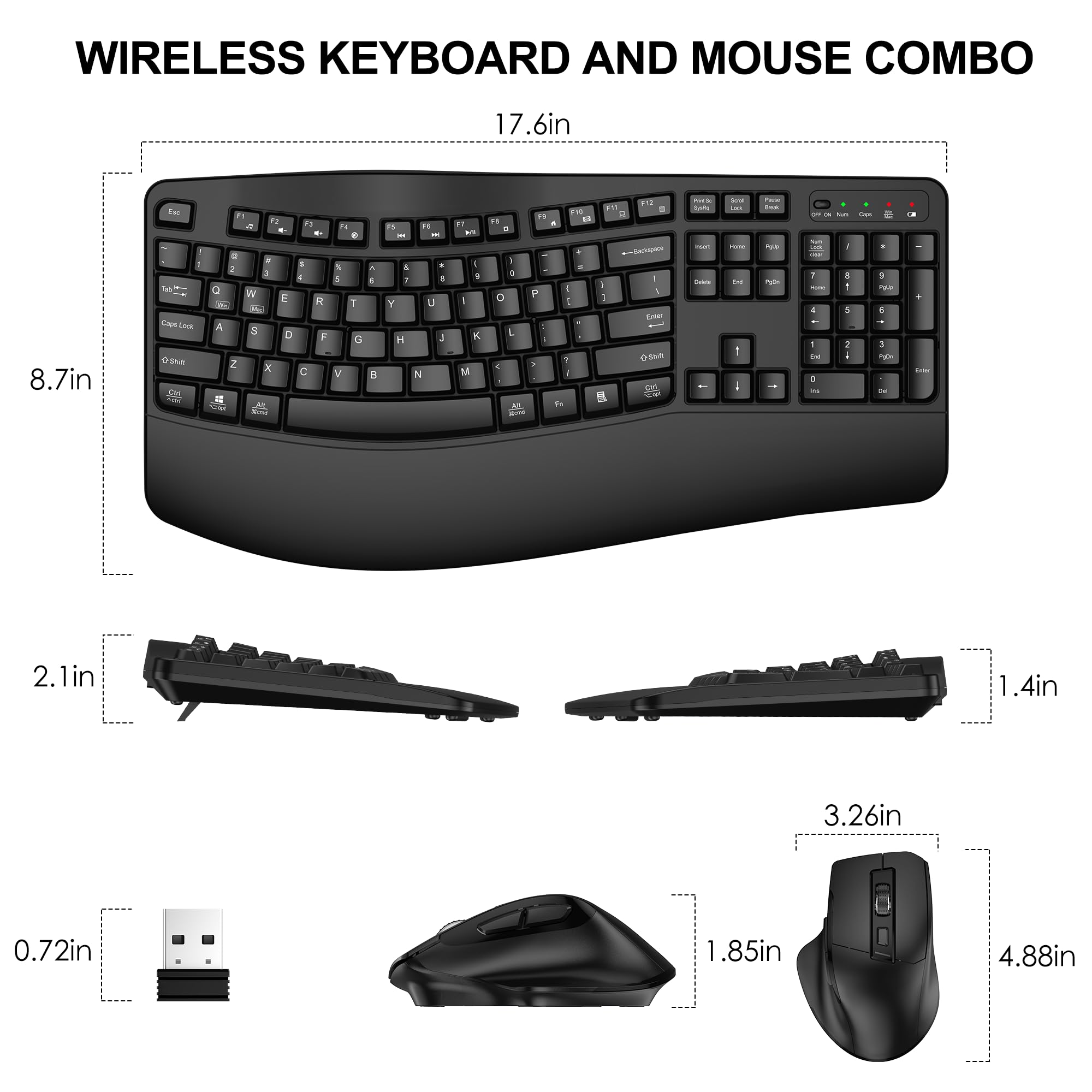 2.4G Wireless Keyboard and Mouse Combo - Ergonomic Full-Size Wave Keyboard with Wrist Rest & 3-Level DPI Adjustable Mouse for Windows/Mac - Perfect for Office, Home, Gaming on Desktop, Laptop, PC (Black)