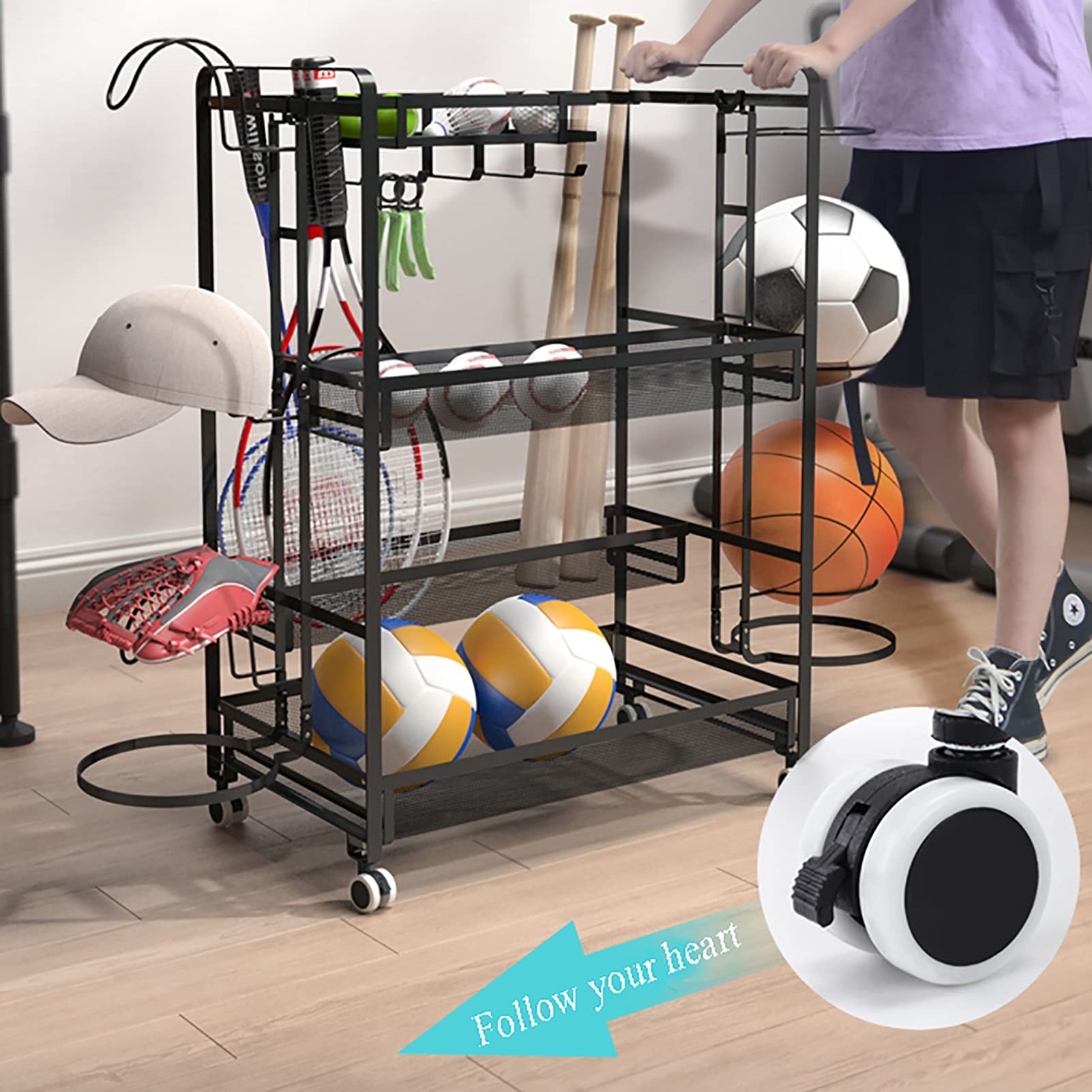 CMMC Rolling Sports Equipment Storage Rack with Baskets & Hooks - Garage Ball Organizer for Basketball, Soccer, Football Gear - Indoor & Outdoor Sports Gear Storage Solution for Home, Gym, and Playroom Organization