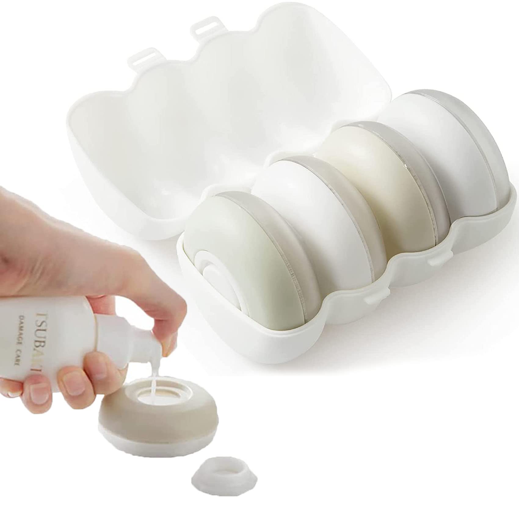 AHSRW 4-Piece Travel Toiletry Pods Set with Case - Leak-Proof Round Squeeze Containers for Shampoo, Lotion & Cosmetics - Portable Push-Type Liquid Storage for Airplane, Camping & Gym Essentials