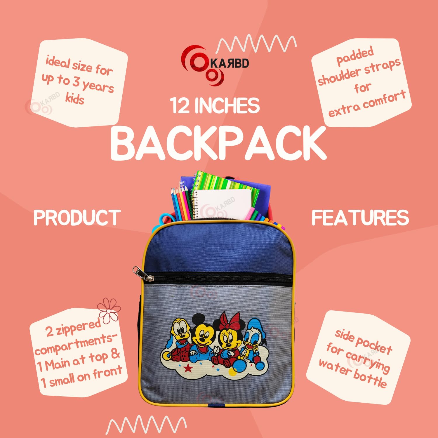 KARBD 12 Inch Mickey Mouse Backpack for Boys & Girls - Kids School Bag with Multiple Pockets, Compartments & Bottle Holder - Lightweight Durable Toddler Backpack (Grey Blue) - Perfect for School, Travel & Daycare