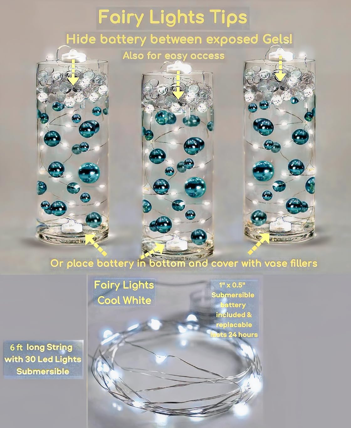 750 Floating Light Pink Pearl Beads for Vases - Fills 10 Gallons Water for Elegant Floating Effect - Includes Pre-Measured Floating Gel Packets & White Submersible LED Fairy Lights - Perfect for Weddings, Spa Decor, Bath Relaxation & Home Centerpieces