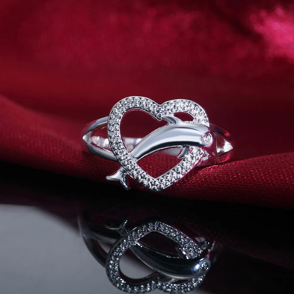 Dolphin Heart Ring - Sterling Silver Ocean Animal Jewelry for Women - Perfect Gift for Beach Lovers, Marine Life Enthusiasts & Nature-Inspired Fashion