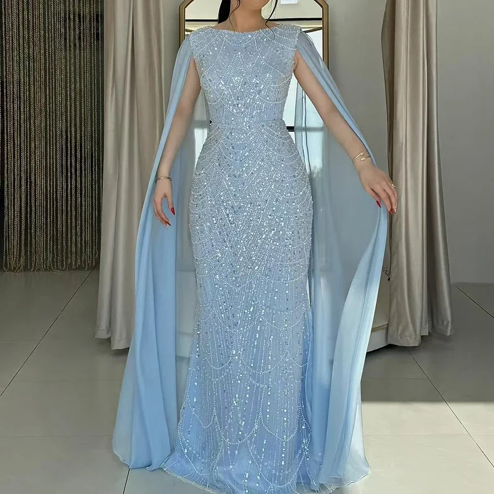 Luxury Dubai Saudi Arabia Blue Mermaid Cape Sleeve Beaded Evening Gown LA72160A - Elegant Formal Dress for Prom, Gala & Red Carpet Events