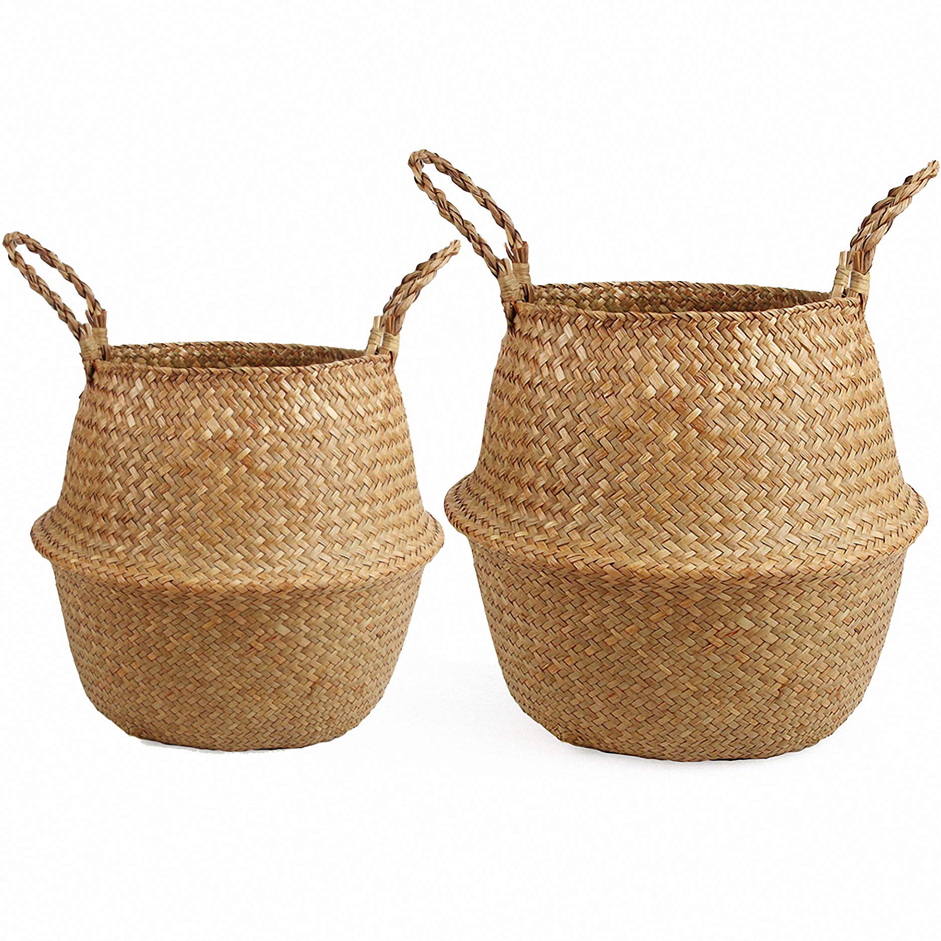 2-Pack Woven Seagrass Storage Baskets - Medium & Large Plant Pot Holders, Laundry Hamper, Picnic Basket for Home Decor, Organizing & Outdoor Activities