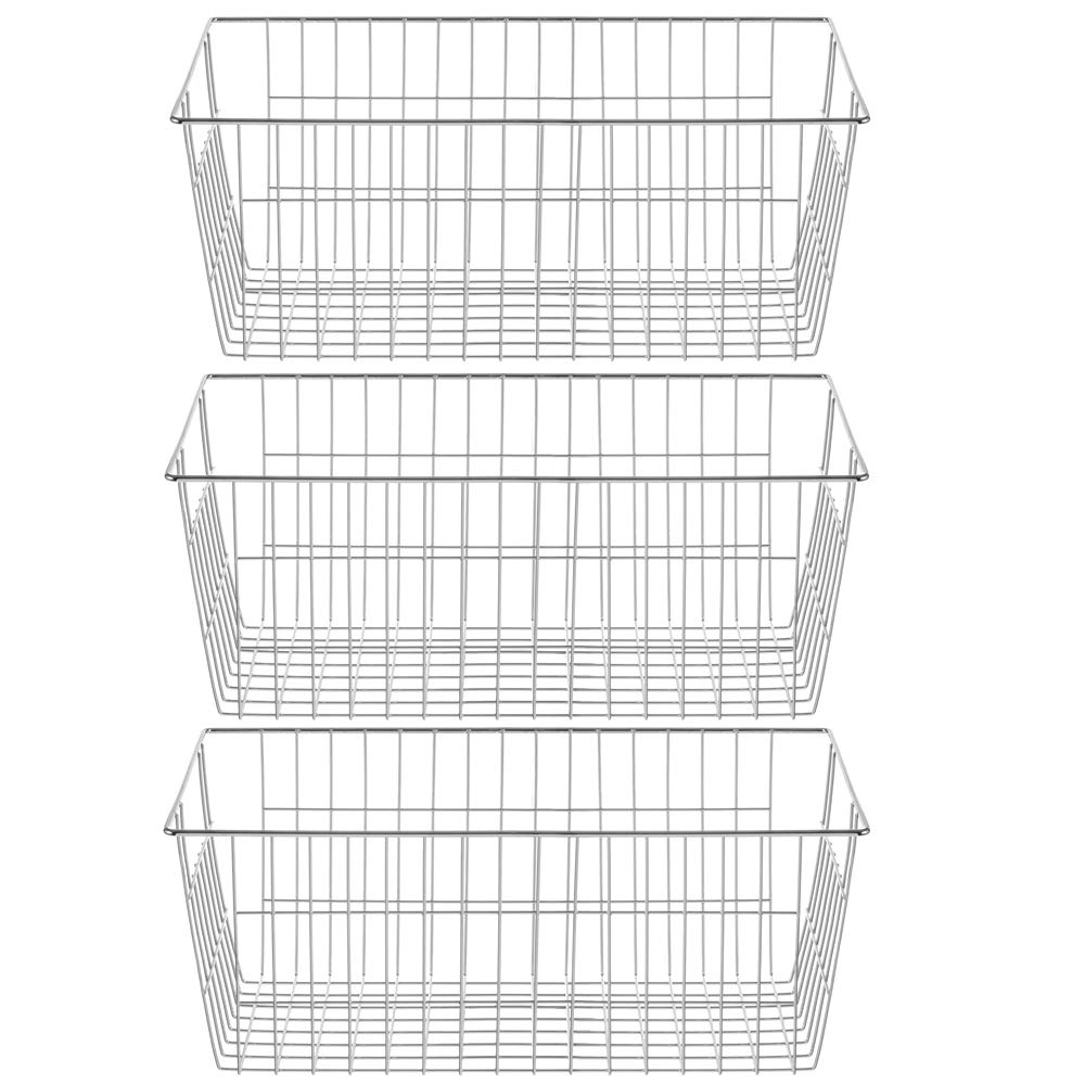 Premium SANNO Freezer Baskets Set of 3 - Chrome Wire Storage Bins for Home Organization (15.7 Inch) | Ideal for Kitchen Freezer, Pantry, Bathroom & Office Storage | Farmhouse Style Closet Organizer Baskets