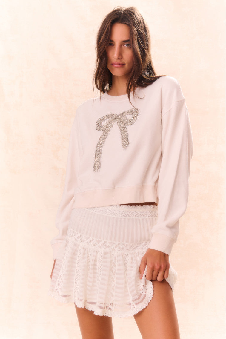 Rylan Bow Embellished Fleece Pullover Sweatshirt for Women - Cozy Winter Knit Top with Decorative Bow Detail - Perfect for Casual Outfits, Date Nights & Holiday Gatherings