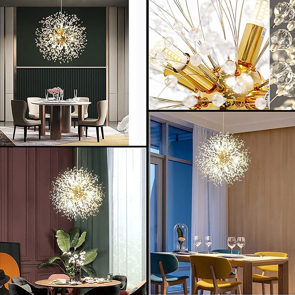 Modern Gold Crystal Chandelier - 9-Light Sputnik Dandelion Pendant Lighting Fixture for Dining Room, Living Room, Bedroom, Kitchen & Restaurant | Elegant Ceiling Light for Home Decor, Wedding Venues and Luxury Spaces