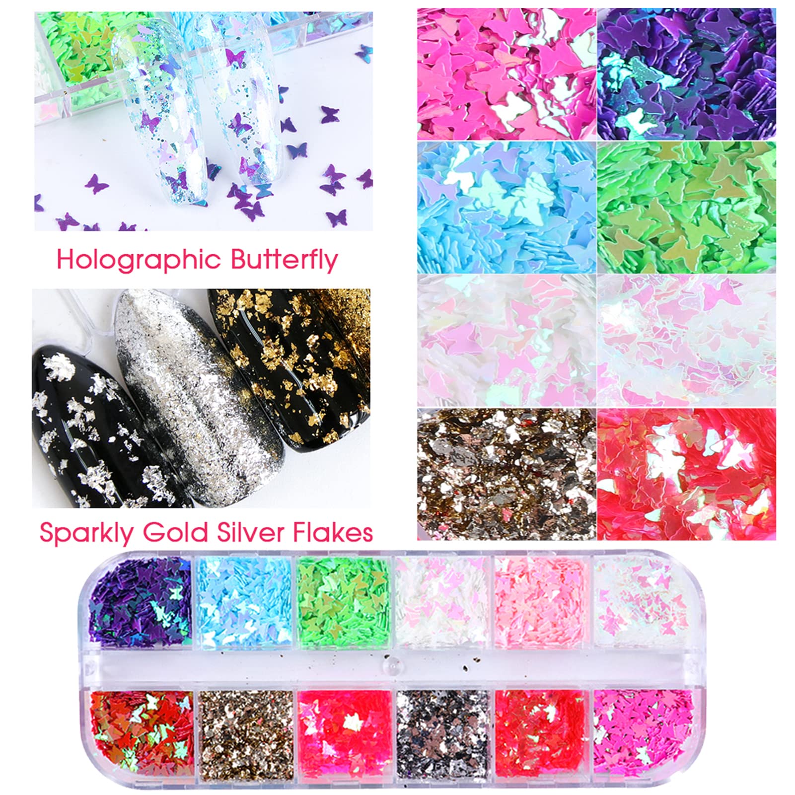 Holographic Nail Glitter Sequins Set - Laser Butterfly & Star Chunky Glitter Flakes for Acrylic Nails, Nail Art, DIY Manicure - Perfect for Nail Salon, Home Nail Design, Party Makeup (4 Styles)