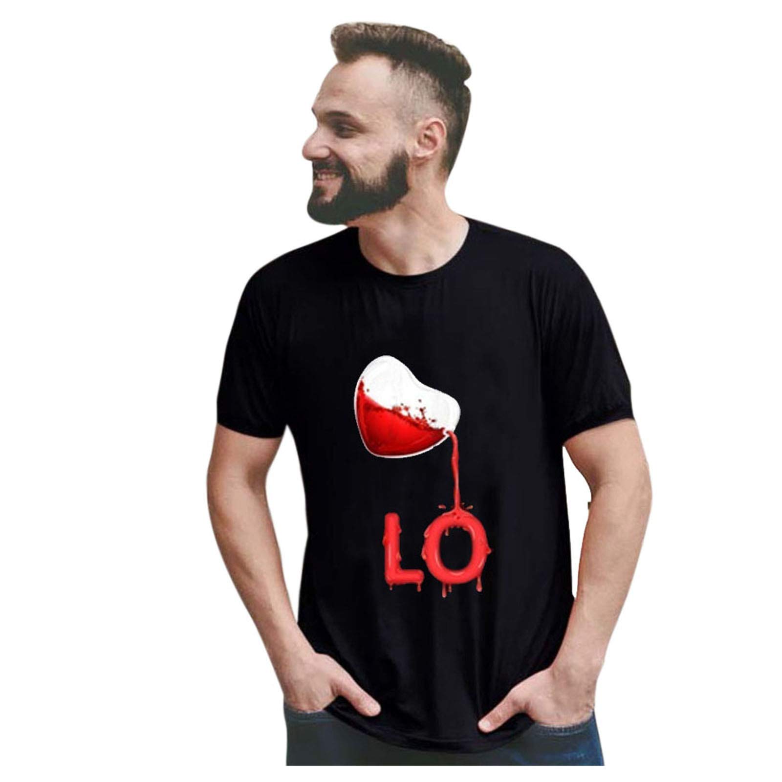 Valentine's Day Heart Print Short Sleeve T-Shirt for Men - Romantic Casual Top with Love Letter Design - Perfect for Date Night & Couple Outfits