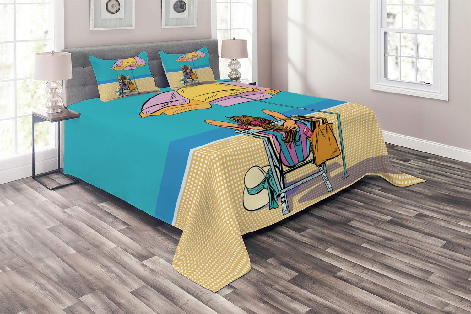 Ambesonne 3-Piece King Size Quilted Bedspread Set with 2 Pillow Shams - Pop Art Beach Lady Design in Pastel Brown & Multicolor | Summer Themed Decorative Bedding for Coastal & Boho Bedrooms