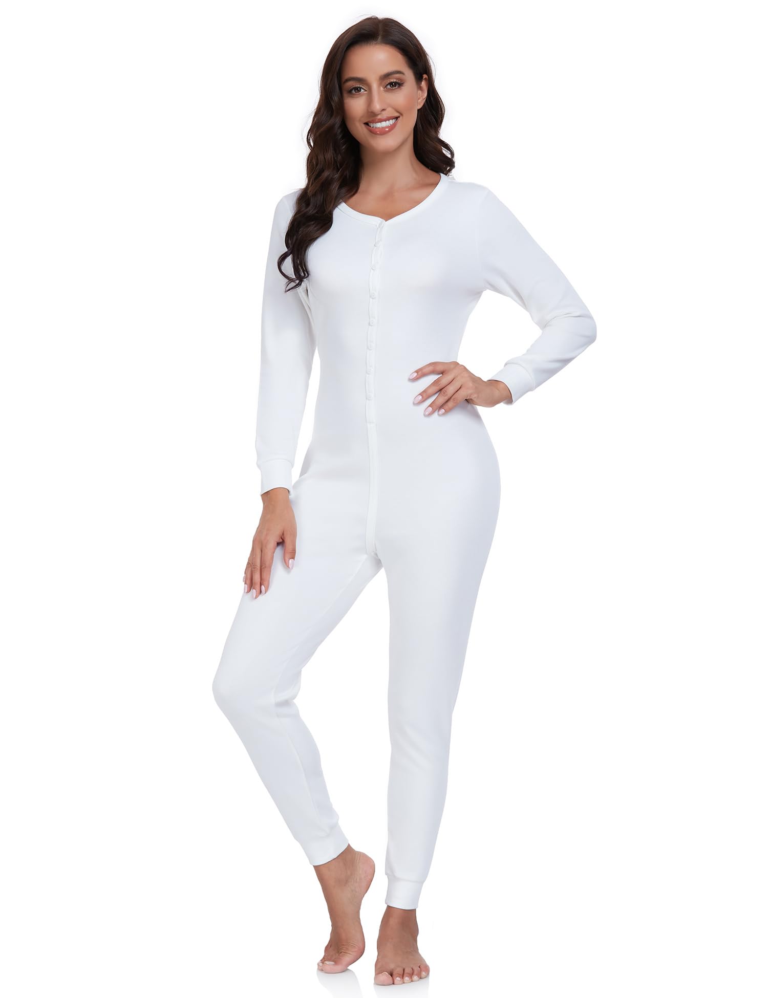COLORFULLEAF Women's Cotton Onesie Pajamas - Soft Thermal One-Piece Sleepwear with Henley Neck for Women | Cozy Winter Loungewear & Nightwear for Home, Travel & Sleep