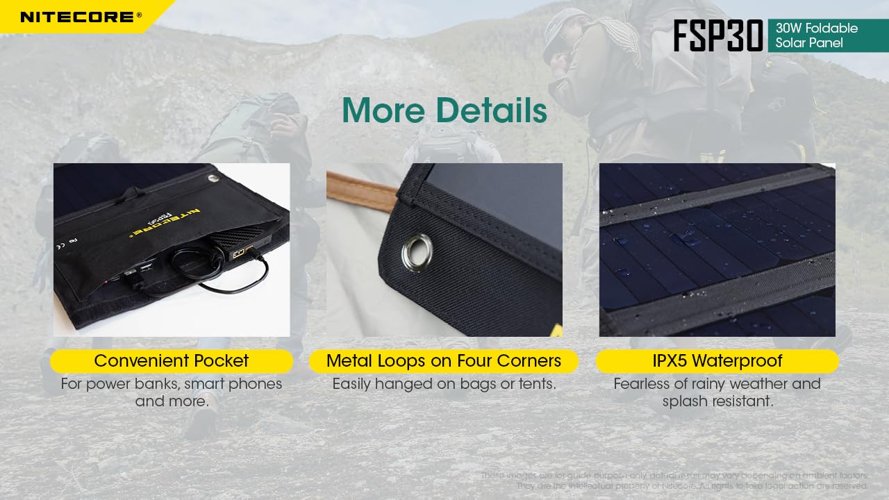 NITECORE FSP30 30W Portable Solar Charger with USB-A & USB-C | 4 Foldable High-Efficiency Panels | Fast Charging for Phones, Tablets, Power Banks | Perfect for Camping, Hiking, RV Trips & Outdoor Adventures