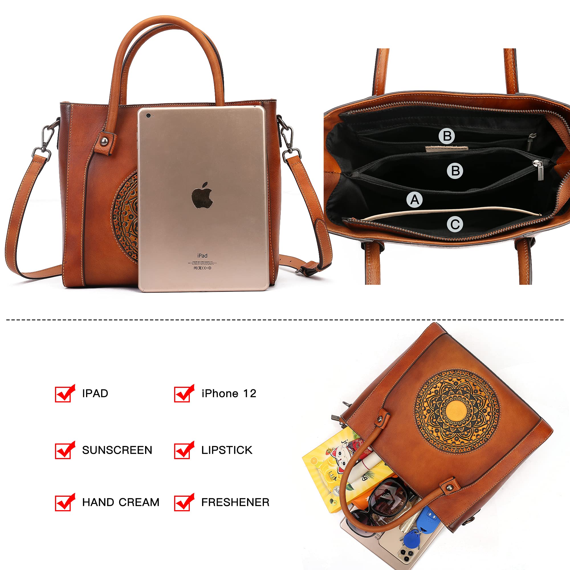 Genuine Leather Handbag for Women - Retro Embossed Mandala Designer Purse, Handmade Italian Leather Tote Bag - Perfect for Work, Travel & Everyday Use