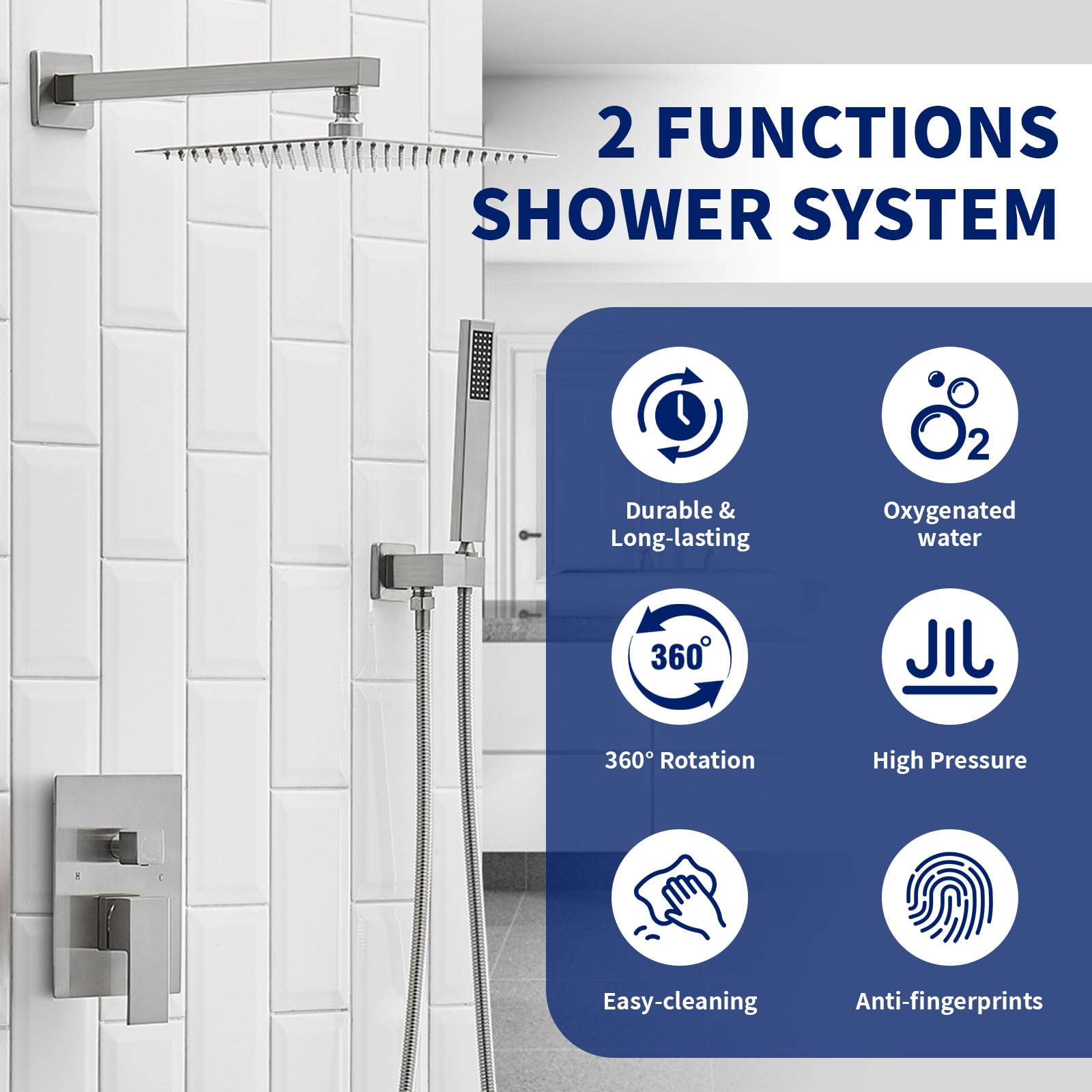 BWE 10 Inch Square Luxury Rain Shower System - Brushed Nickel Wall Mounted Shower Combo Set with Rainfall Head, Mixer Valve & Trim Kit | Perfect for Modern Bathroom Renovation & Spa-Like Shower Experience