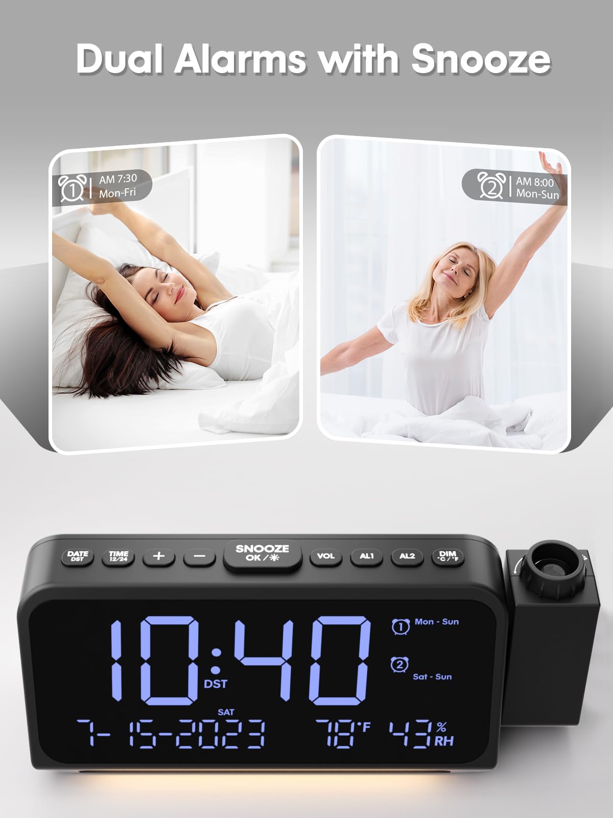 ROCAM Digital Projection Alarm Clock with 180° Ceiling/Wall Display - Dual Alarm, Temperature & Humidity Sensor, 2 USB Ports, Adjustable Brightness for Bedrooms | Perfect for Home, Office, Dorm Room with Weekday/Weekend Mode & Snooze Function