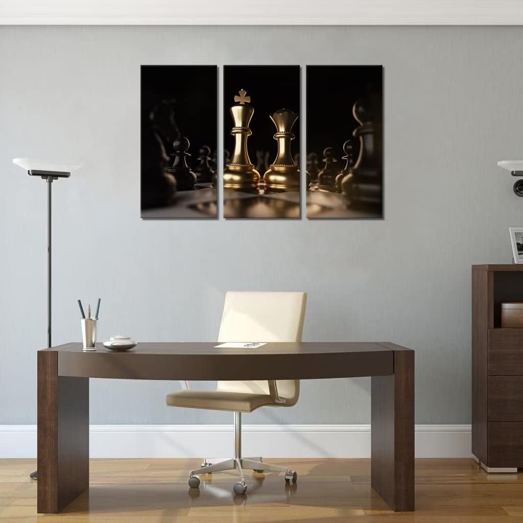 Black & Gold Chess Wall Art - King & Queen Canvas Paintings for Living Room & Office Decor | 3-Piece Framed Set (20x40in) | Perfect for Game Rooms & Gifts