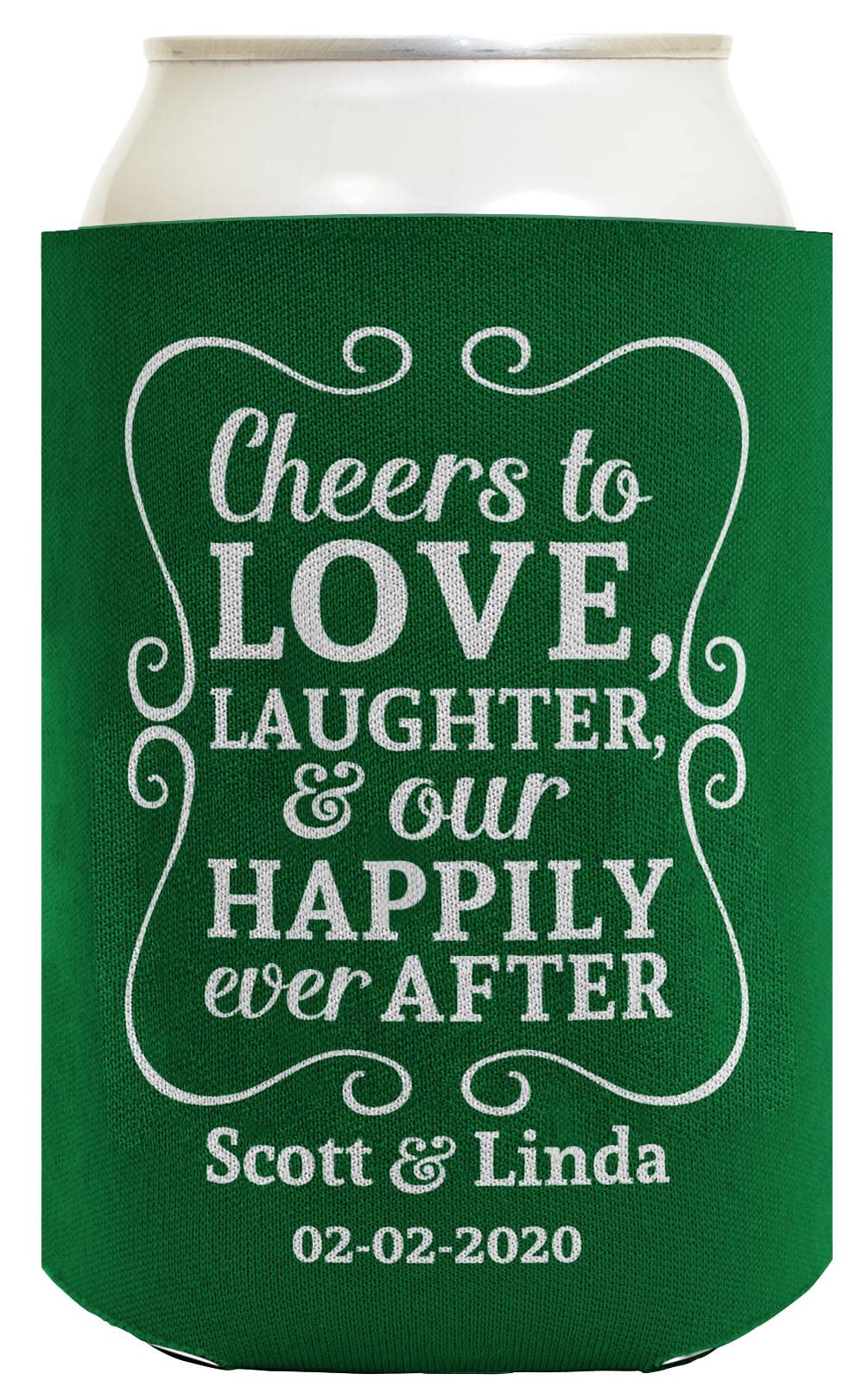 Cheers To Love Custom Names & Date 48-Pack Personalized Can Coolers - Wedding, Anniversary, Bridal Shower, Birthday Party Drink Sleeves for Beer & Soda Cans - Forest Design