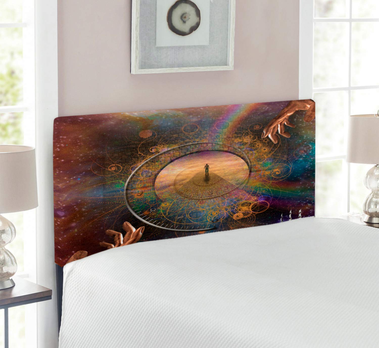 Ambesonne Magic Headboard - Twin Size Purple & Tan Upholstered Decorative Metal Bed Headboard with Memory Foam | Double Exposure Space & Earth Print | Perfect for Bedroom Decor, Guest Rooms & Space-Themed Interiors