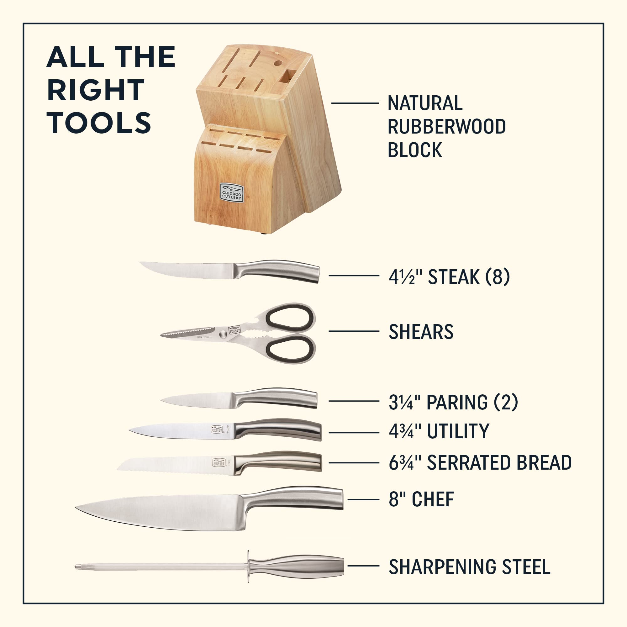 Chicago Cutlery Elston 16-Piece Knife Block Set - Premium Stainless Steel Kitchen Knives with Wooden Storage Block - Perfect for Home Chefs, Cooking Enthusiasts & Professional Kitchens
