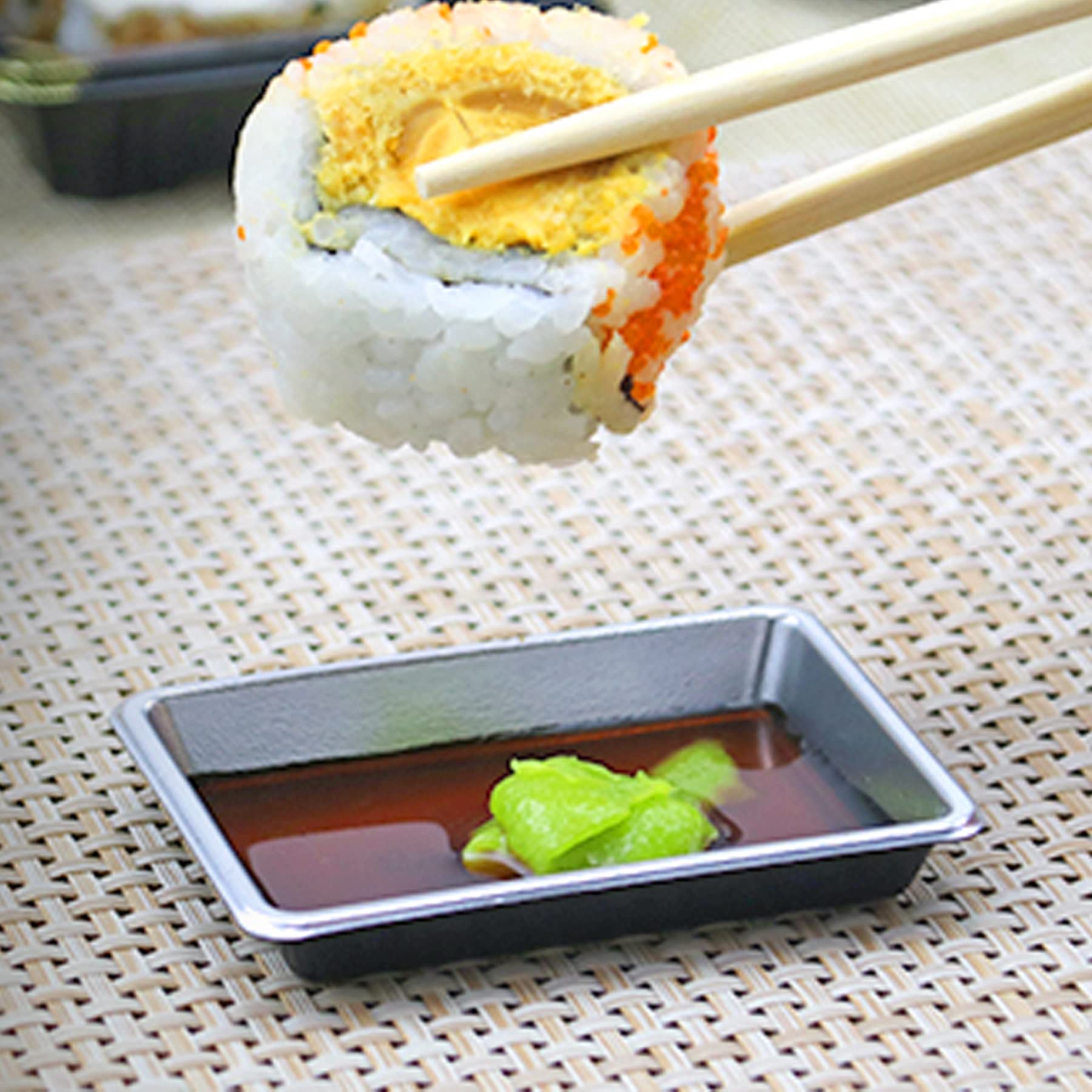 QJFCare 100Pcs Rectangle Disposable Sauce Dishes - Mini Dipping Dessert Plates, Soy Sauce Bowls, Seasoning Dishes for Home, Restaurant & Party Use - Silver (Ideal for Appetizers, Sushi, Condiments & Small Snacks)