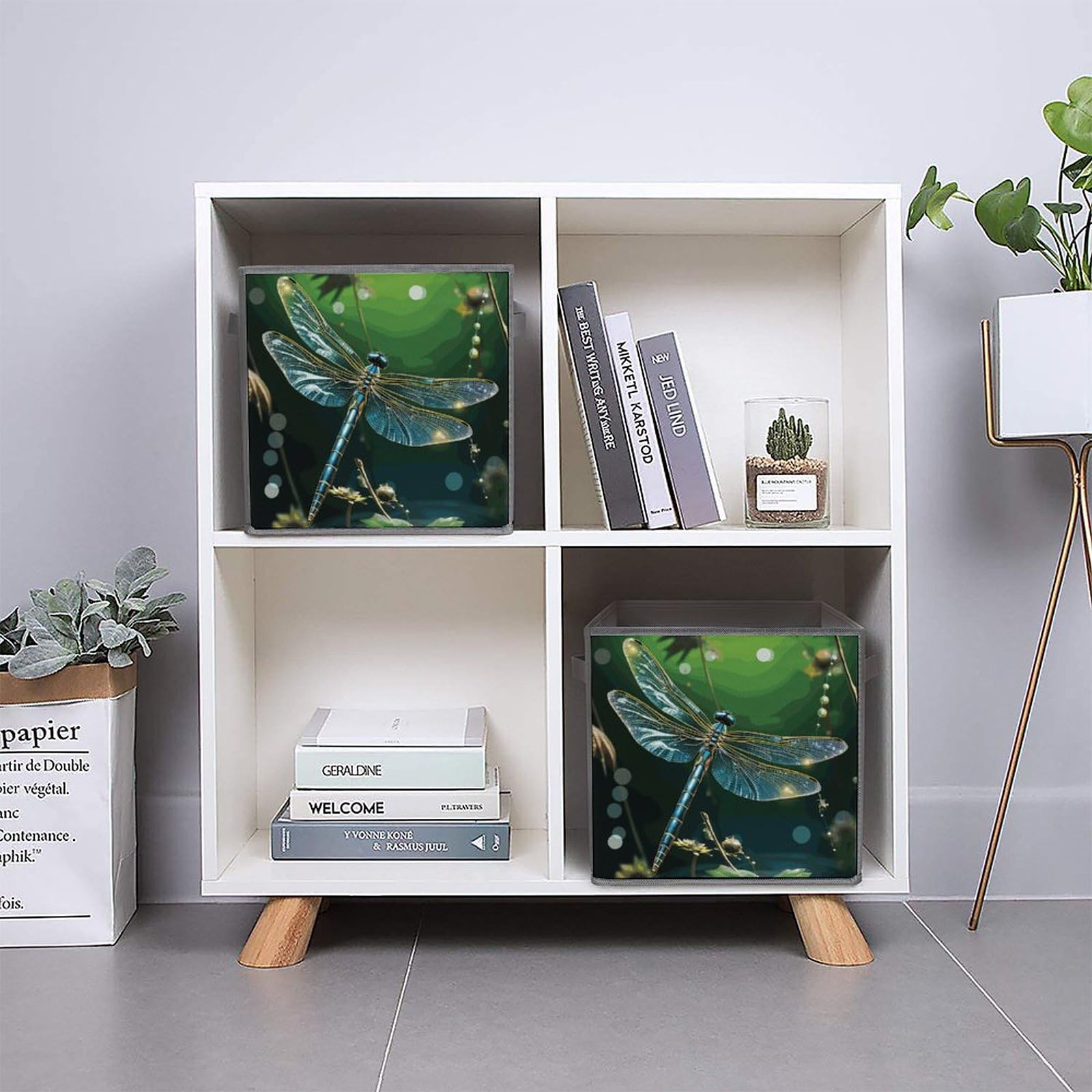 6-Piece Collapsible Storage Bins with Handles - Dragonfly Green Printed Foldable Organizing Baskets for Shelves, Closet, Kitchen & Home Organization - Space Saving Storage Containers for Toys, Books, Laundry & Household Items