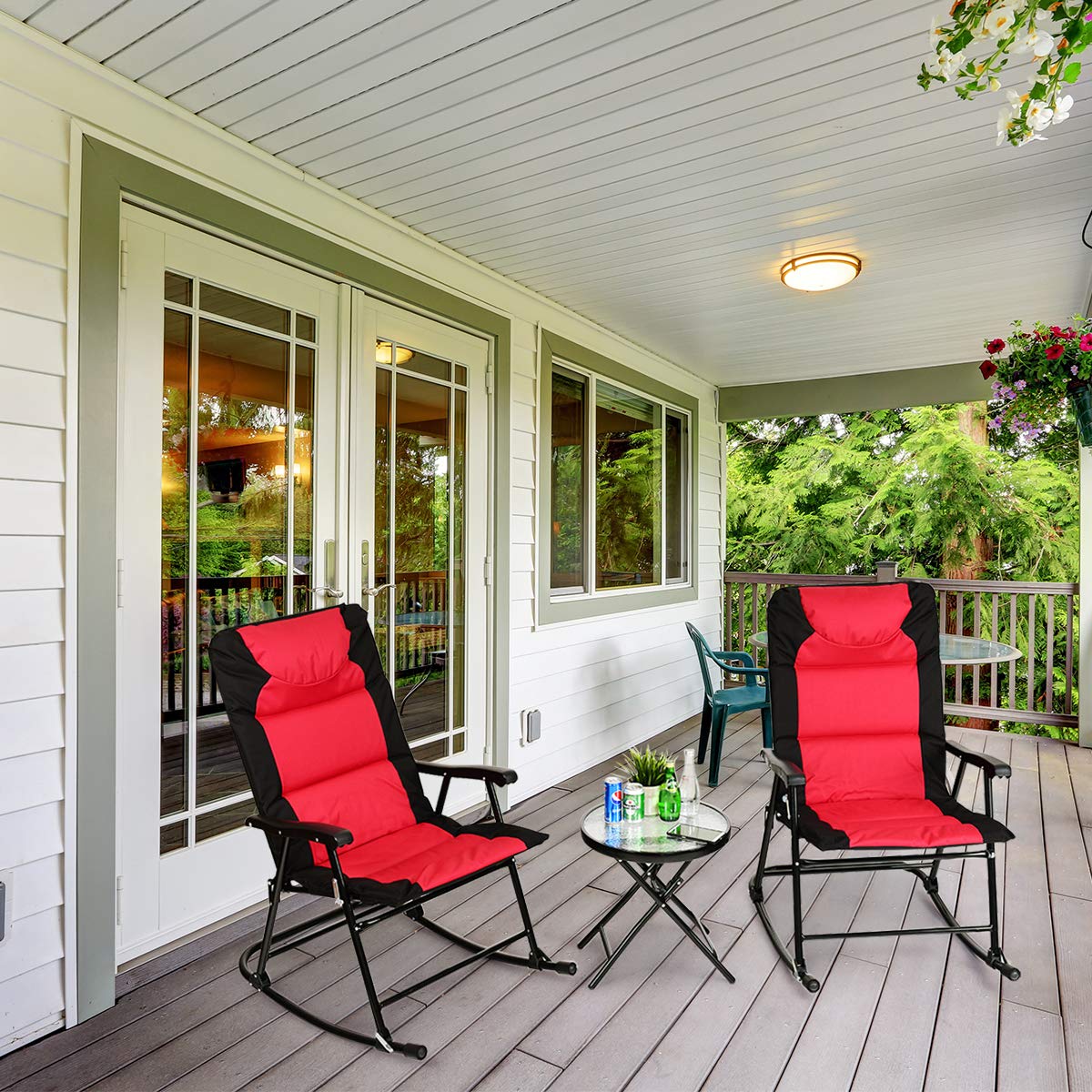 Tangkula 3-Piece Folding Bistro Set with Rocking Chairs & Round Table - Outdoor Patio Furniture for Backyard, Garden, Poolside, Porch - Red - Perfect for Relaxing, Entertaining & Small Space Living
