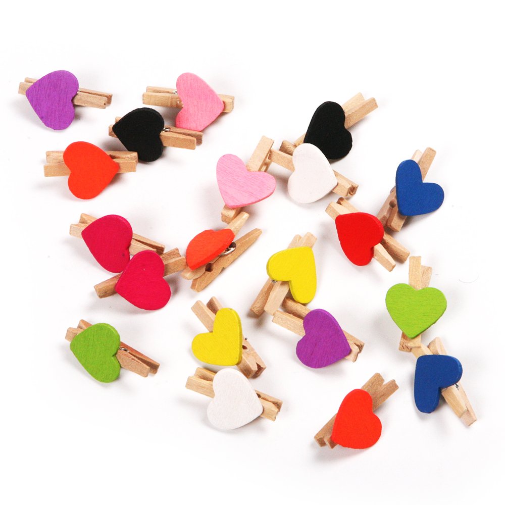 Heart Shaped Wooden Clips - 20 Pack for Photos & Laundry