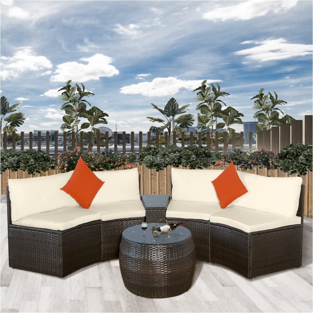 4-Piece Patio Furniture Set, Half Moon Outdoor Sectional Wicker Sofa in Beige - Rattan Material for Backyard, Garden, Poolside & Balcony Relaxation