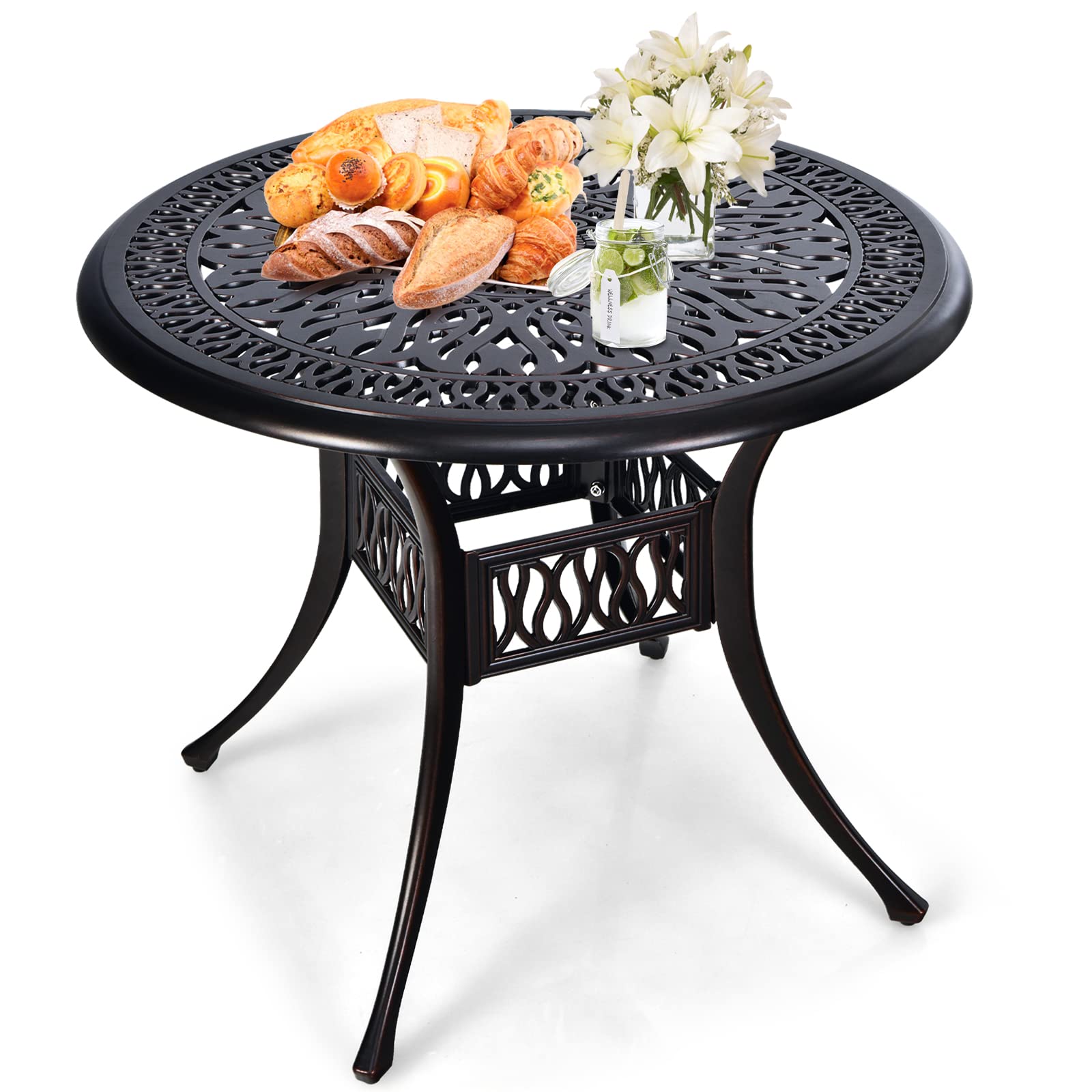 Tangkula 36 Inch Round Outdoor Dining Table - Weather-Resistant Cast Aluminum Patio Table with Umbrella Hole for Backyard, Garden, Poolside - Perfect for Outdoor Entertaining & Dining Al Fresco