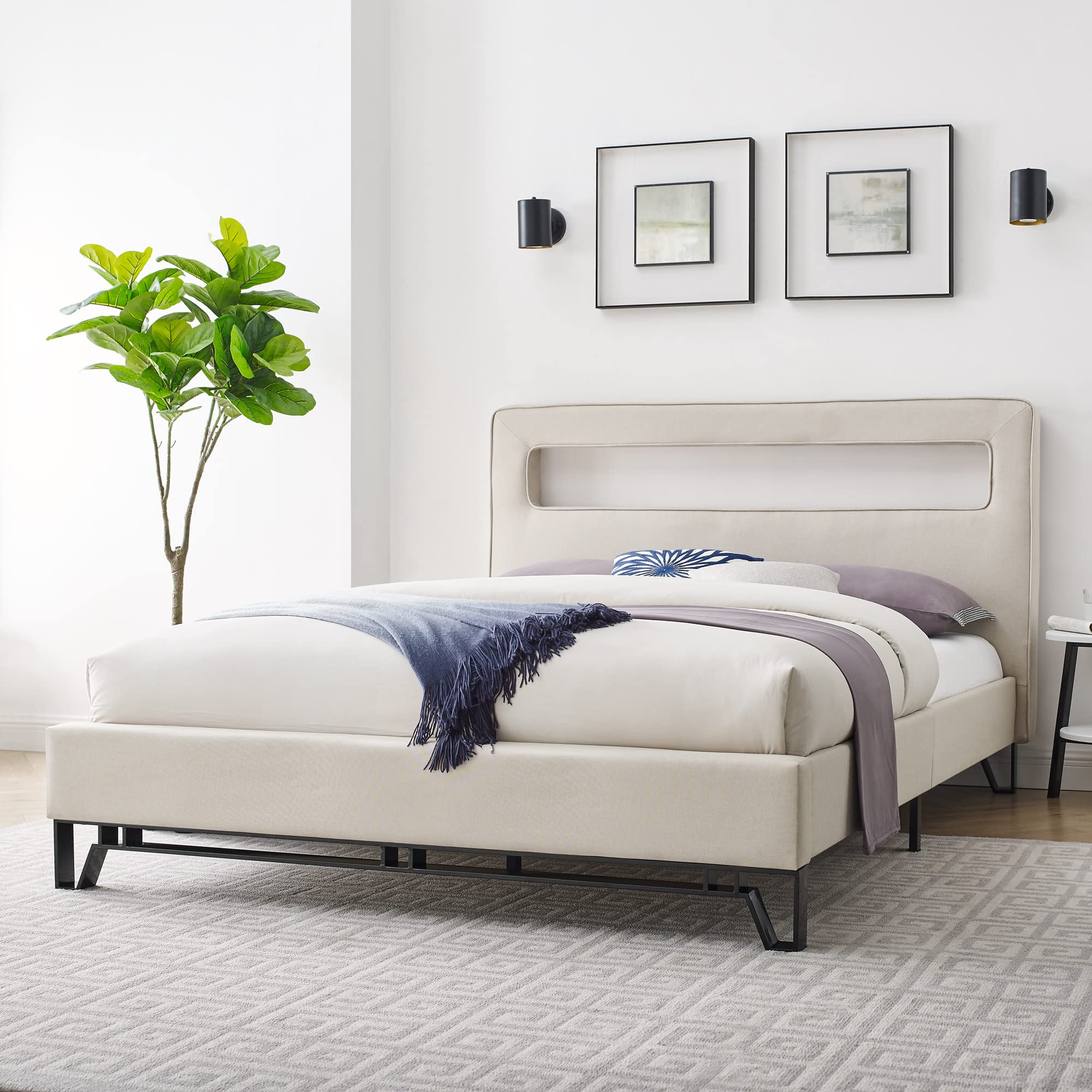 Clermont Beige Upholstered Queen Size Bed - Luxurious Fabric Headboard for Modern Bedroom Decor | Perfect for Master Bedroom, Guest Room & Apartment